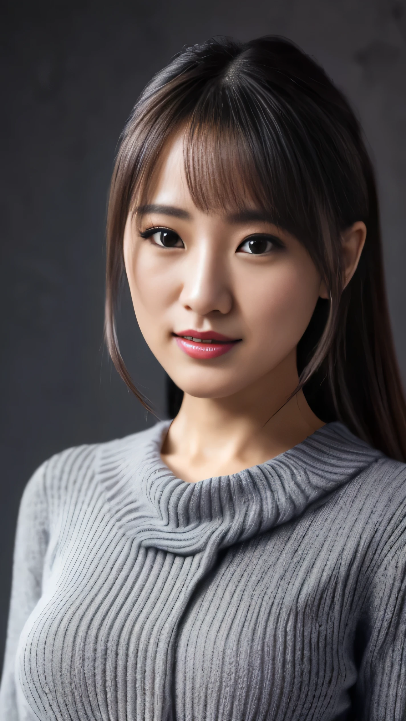 (the Extremely Detailed CG Unity 8K Wallpapers,masutepiece, Best Quality, Ultra-detailed), Gray background, 26-year-old female living in Japan, Sexy 26 year old woman, Bust emphasis:1.2, (Small knitwear), Body line enhancement, canvas background, red lips, facing front, eyes at viewer