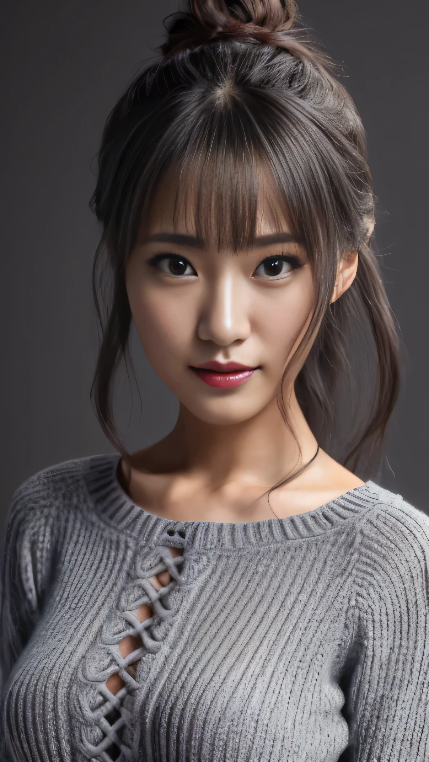 (the Extremely Detailed CG Unity 8K Wallpapers,masutepiece, Best Quality, Ultra-detailed), Gray background, 26-year-old female living in Japan, Sexy 26 year old woman, Bust emphasis:1.2, (Small knitwear), Body line enhancement, canvas background, red lips, facing front, eyes at viewer