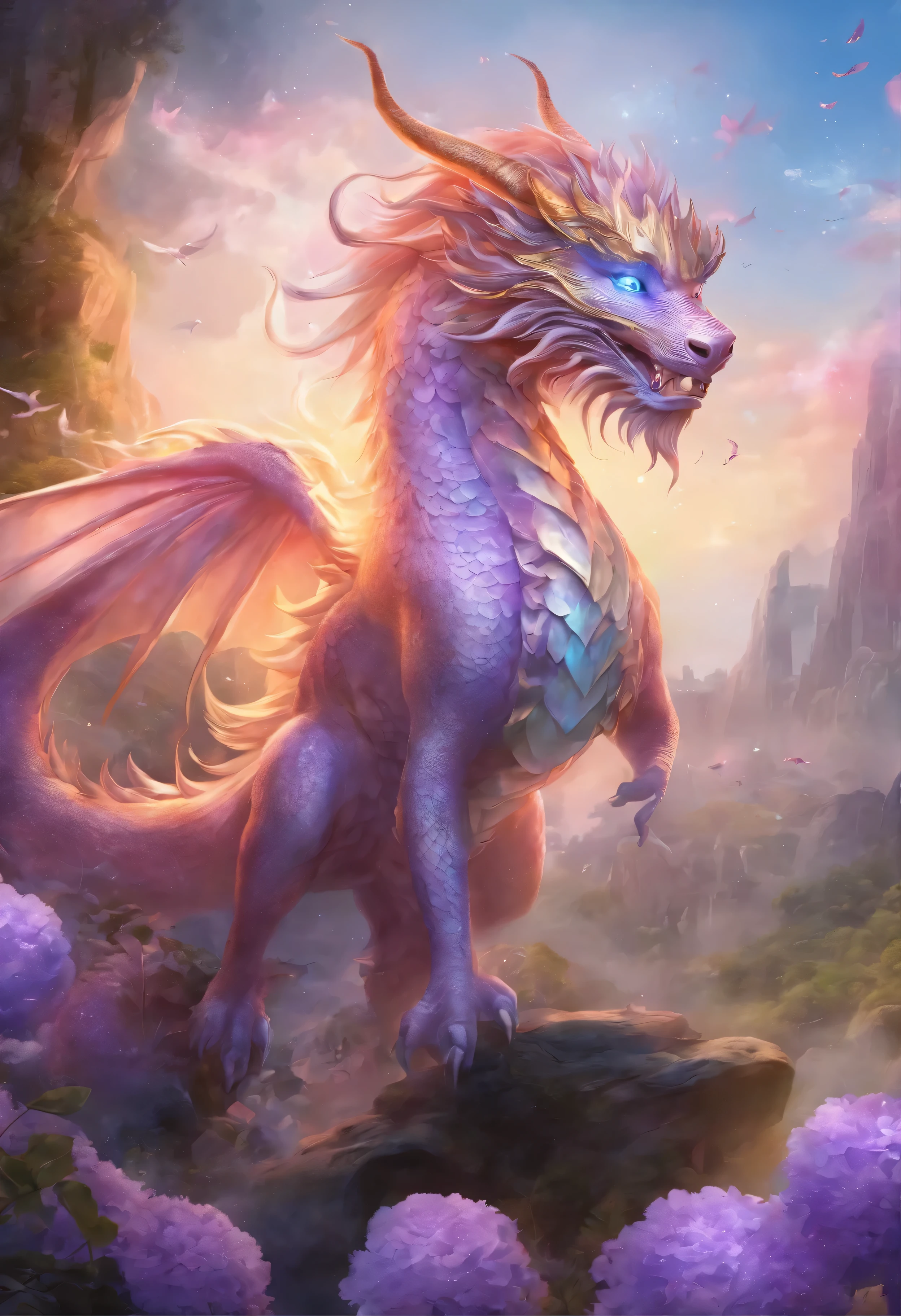 "Very nice 3d rendering of a lilac Chinese dragon,The dragon's face is kind、The background is a light blue flower garden、Grasping a crystal ball with its front paws、Dynamic performance, Vibrant effects and details,best image quality,High resolution,