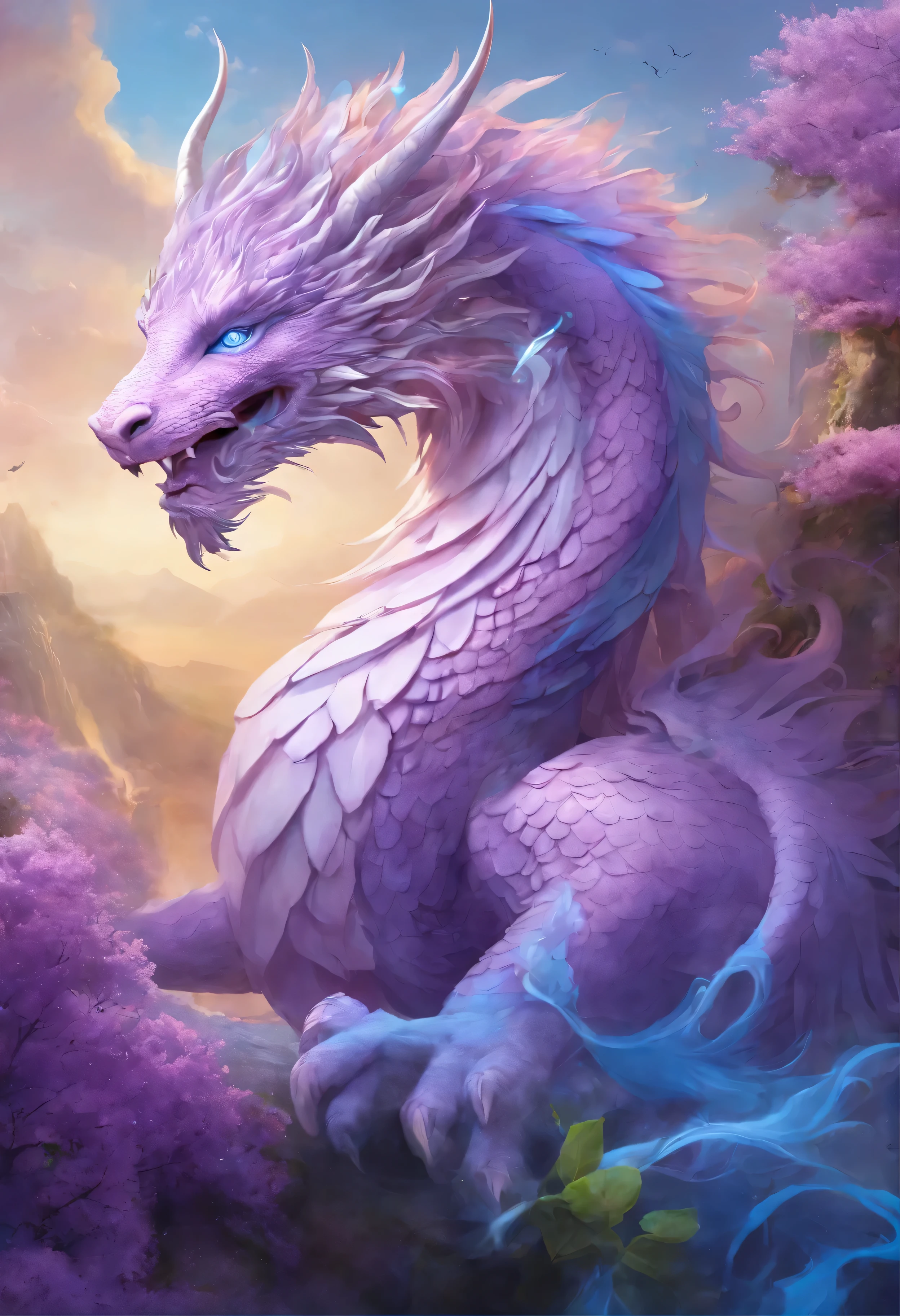 "Very nice 3d rendering of a lilac Chinese dragon,The dragon's face is kind、The background is a light blue flower garden、Grasping a crystal ball with its front paws、Dynamic performance, Vibrant effects and details,best image quality,High resolution,