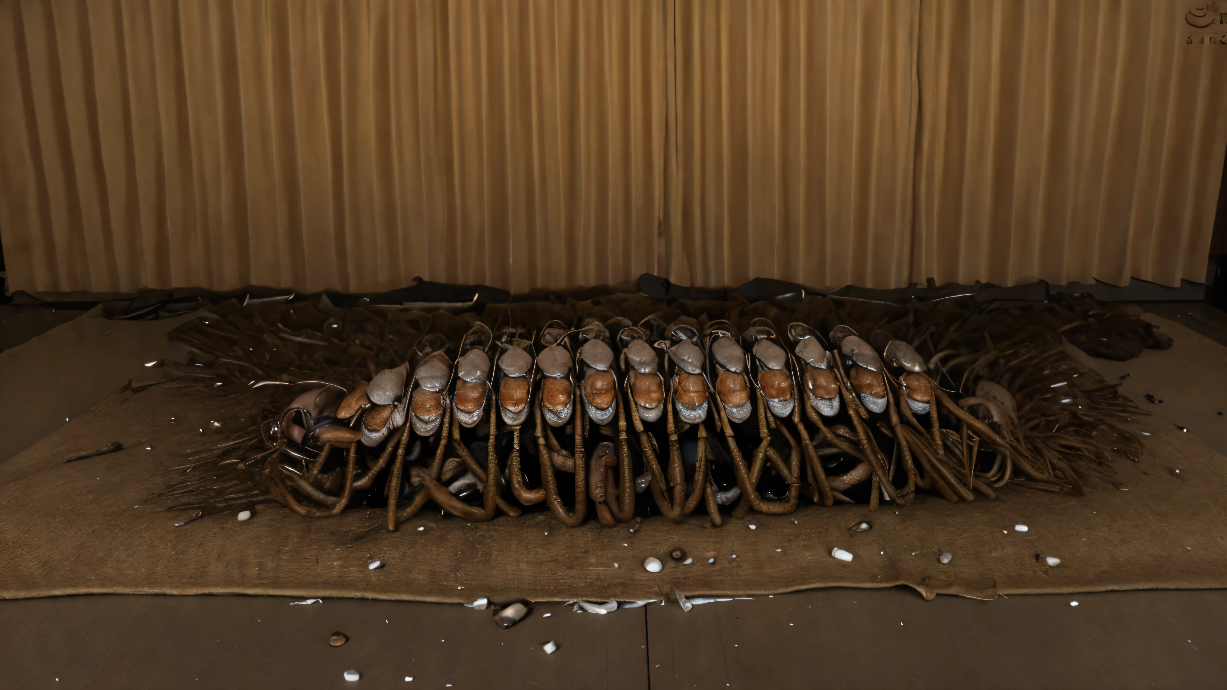 Stacks of human and animal carcasses,Covered with maggots,There are ants everywhere