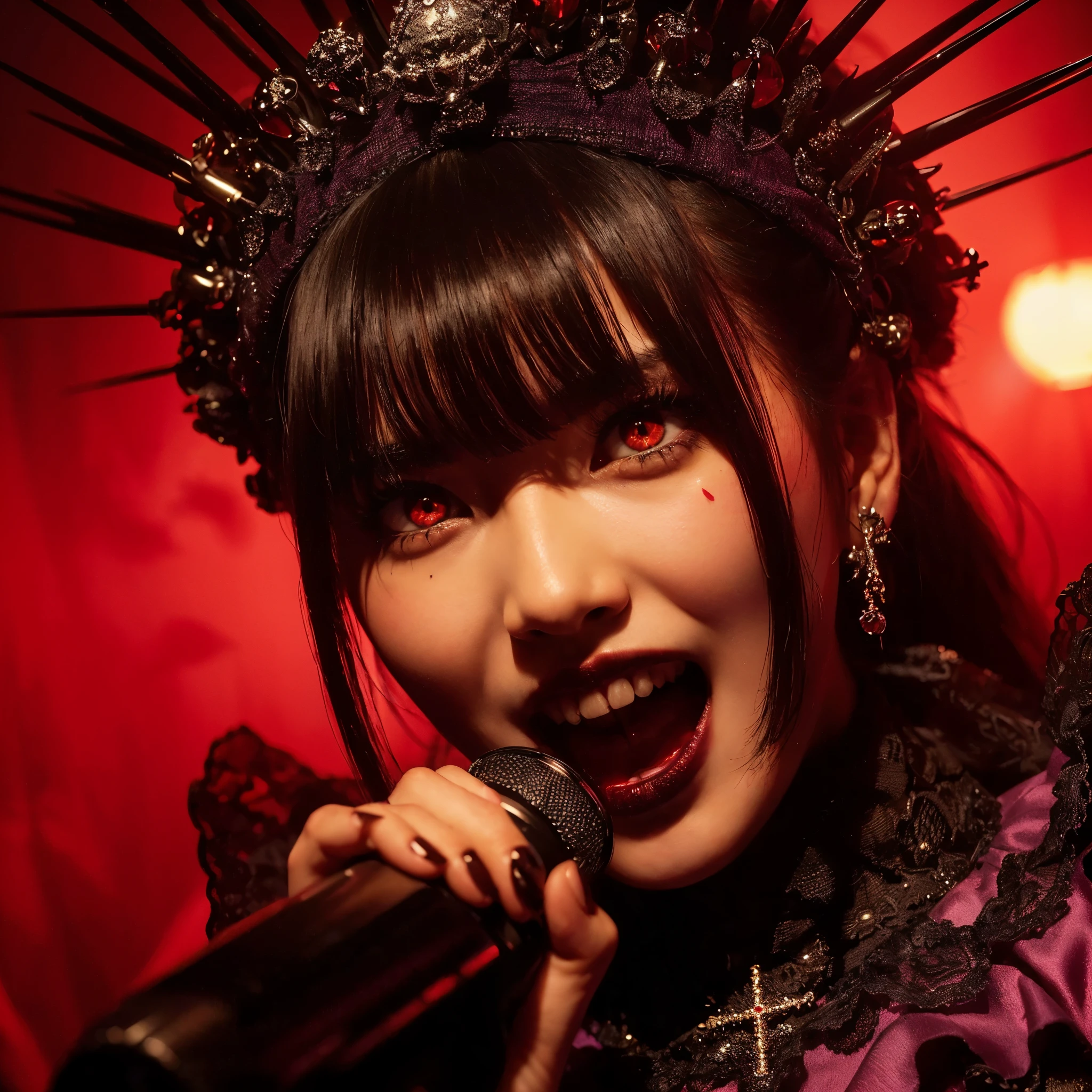 ((very sharp photo result & detailed face)) (((textile shading))), (((Best Quality))), (((masterpiece))) (((hyper realistic photo)) red light mood, shade backlight keylight shoot, macro tight close up face of a japanese vocalist girl with spike crown, devilish possesed expressively, white eyes,purple gown black lace, detail face facial pore skin, dark stage red smoke on a night concert as background, dark dramatic spotlight lamp on her, taken with hasselblad camera. HDR10 8K