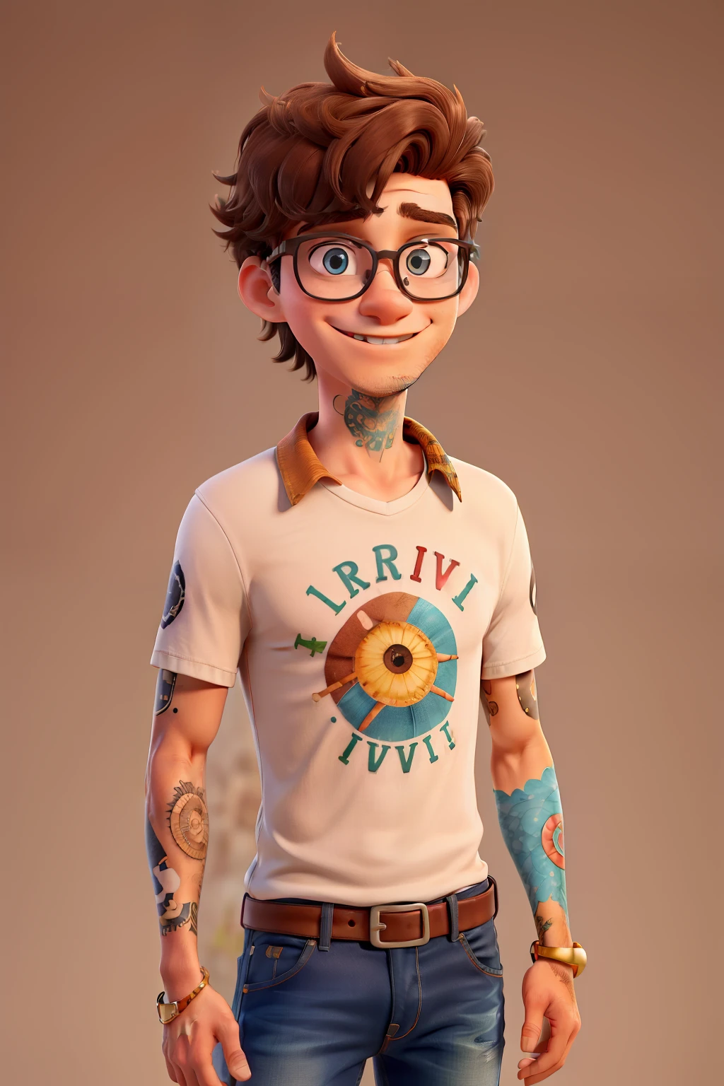 Jovem branca, medium light brown hair, olhos azuis, vestindo jeans e blusa vermelha, wearing round gold glasses with colorful tattoos on his arm