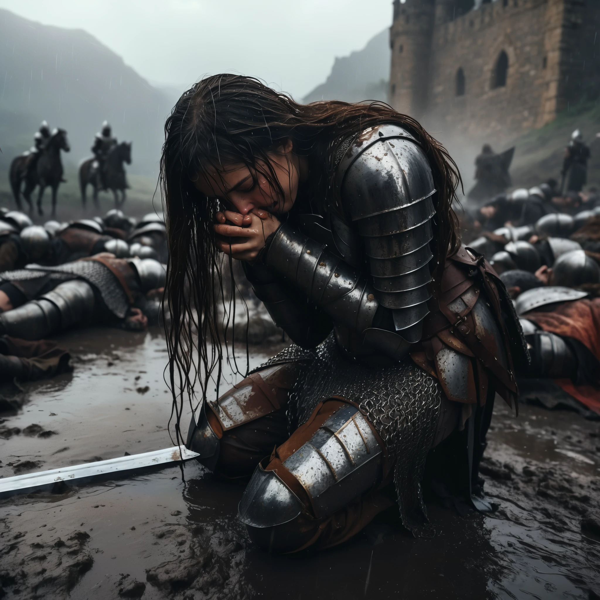 arafed woman in armor kneeling in a muddy area with with the bodies of the fallen knights and crying aftreg huge battle, epic cinematic shot, dramatic cinematic action shot,, A kneeling woman in armor, (long, dirty, wet hair),  blurred makeup, face hidden in her hands,, crying over the body of a slain knight who was her brother,, fitted armor (only chainmail on her shoulders, long chainmail skirt, legs in leather armor),, long two-handed sword lying next to her on the ground,, looks like after a heavy battle, In the background a castle in rocky mountains and bodies of fallen knights,,  rain washes away dirt and blood from the armor, a few rays of sun break through the clouds, detailed destroyed and dirty armor, detailed wet hair, detailed expression of crying woman,  in far background some characters  such as other knights, animals, or villagers,, many scars,, cinematic lighting, girl in knight armor, 8k, raw pfoto, shallow deep of feield, detailed, masterpieces