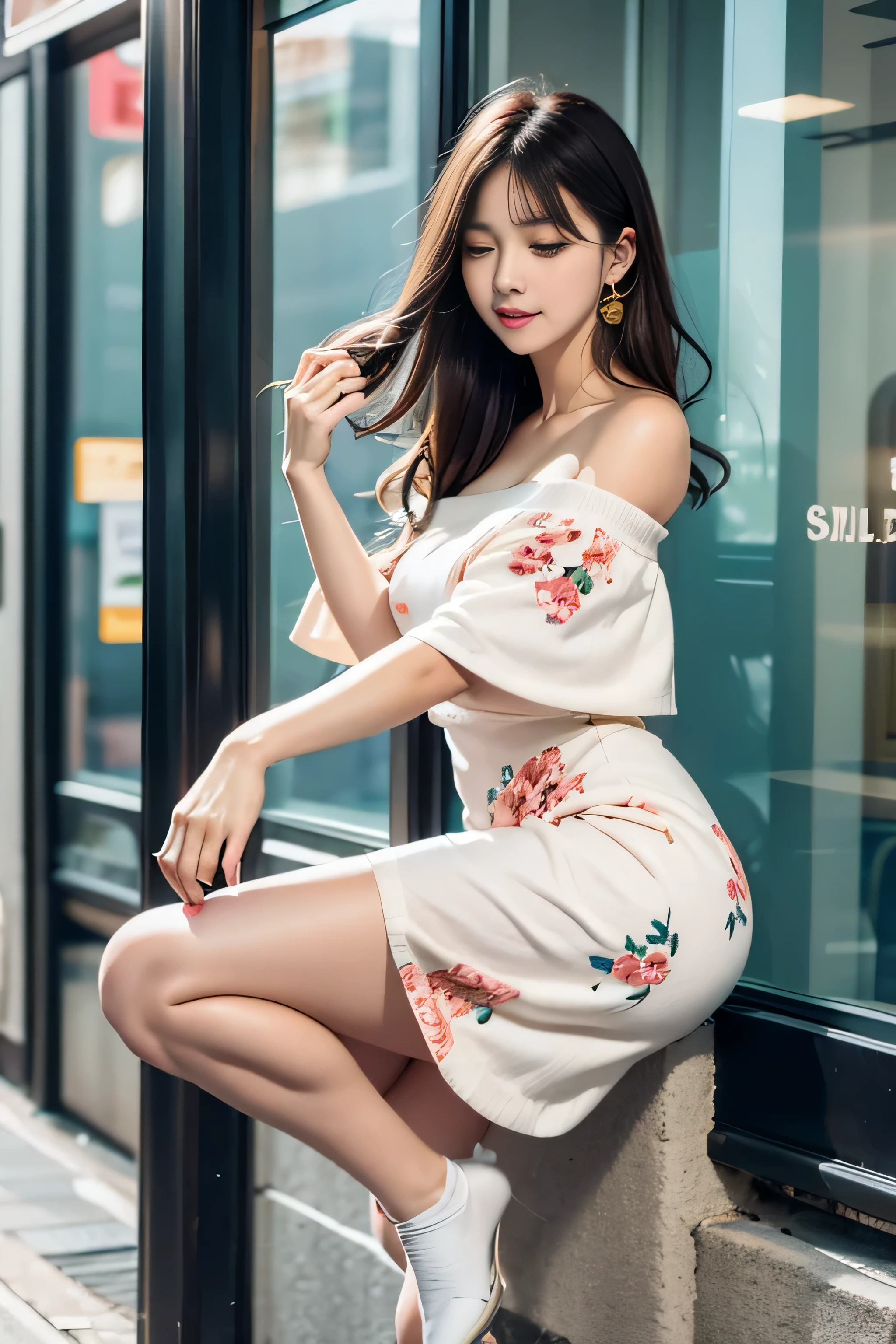 ((A girl standing on the sidewalk in an office district)), silver hair, bangs, 鈍いbangs, long straight hair, aqua eye, long eyelashes, Solid Circle Eye, compensate, open your mouth, blush, parted lips, bright pupils, smiley, enchanting smile, shine, surrealism, modern、black pantyhose、high heels、((pure white dress、floral dress、、off shoulder、: 1.6))、Skyscrapers are hazy in the window4、((my skirt flies in the wind)),((close your eyes))、((yawning being)),((I can see T-back pants))