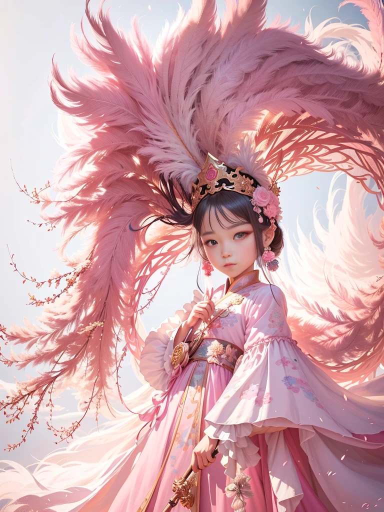 there is a young girl in a pink dress and a large feathered hat, palace , a girl in hanfu, beautiful young wind spirit, of an beautiful angel girl, a beautiful fantasy empress, cgsociety and fenghua zhong, chinese fantasy, beautiful digital artwork, of beautiful angel, artwork in the style of guweiz, girl with feathers