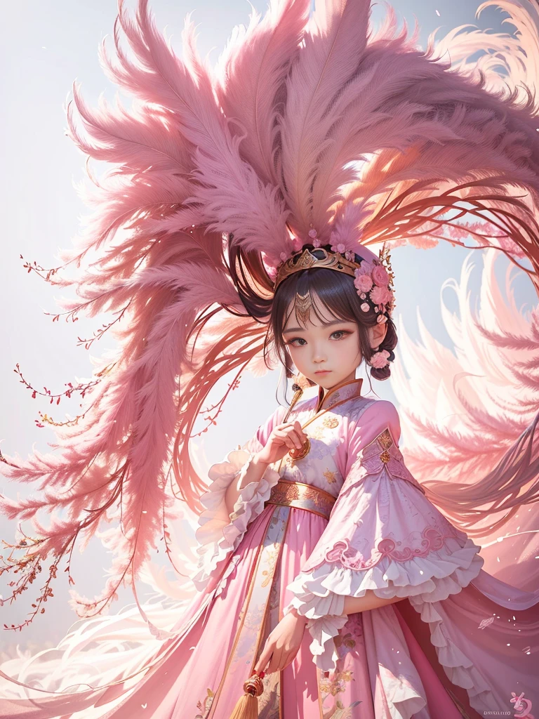 there is a young girl in a pink dress and a large feathered hat, palace ， a girl in hanfu, beautiful young wind spirit, of an beautiful angel girl, a beautiful fantasy empress, cgsociety and fenghua zhong, chinese fantasy, beautiful digital artwork, of beautiful angel, artwork in the style of guweiz, girl with feathers