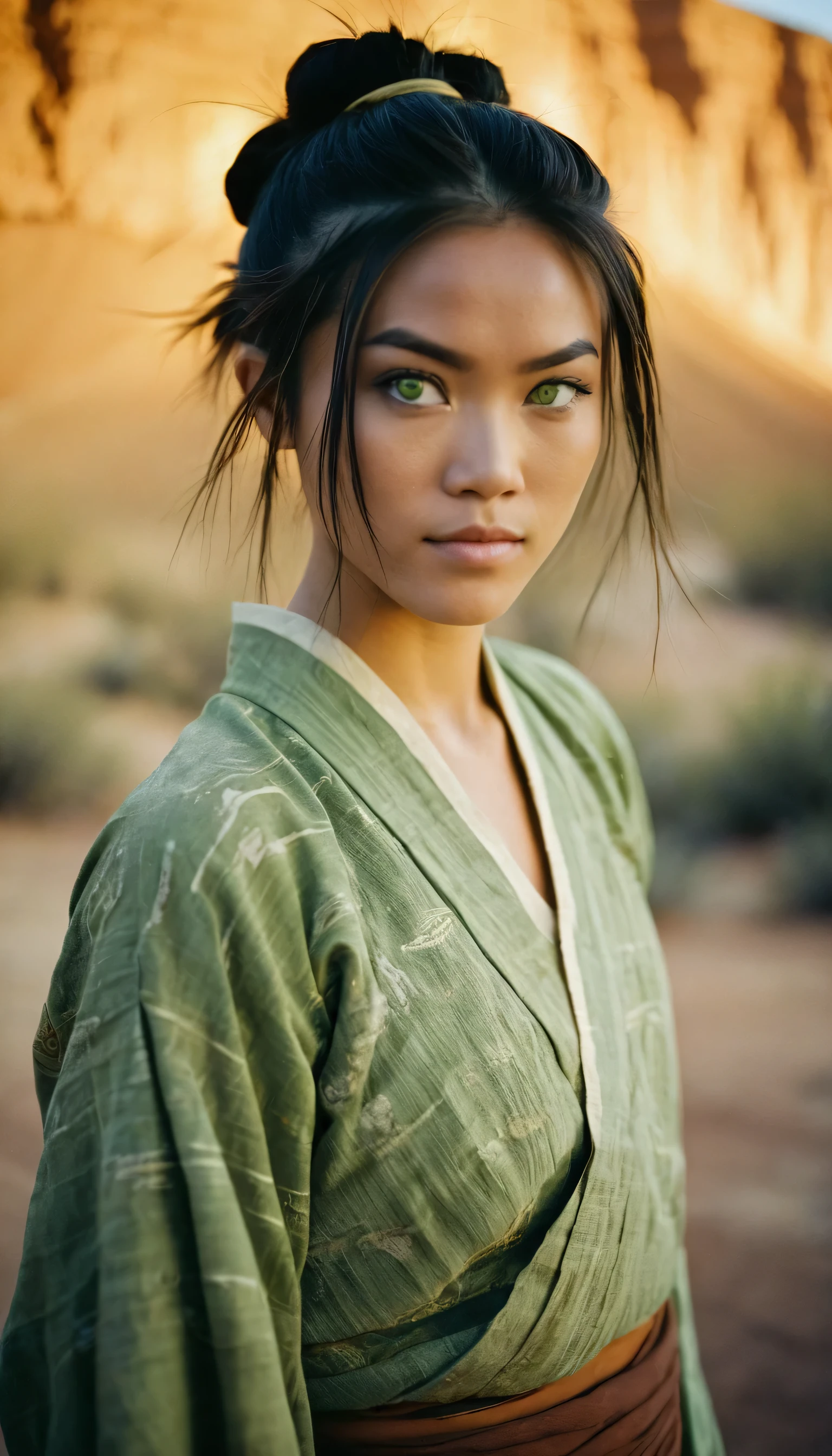 analog film photo, photo of Toph Beifong from Avatar: The Last Airbender, adolescent girl, (dirty ripped oriental shirt:1.1), messy bun with loose strands of hair, pale milky green eyes, milky irises, light complexion, Chinese ethnicity, rugged, pretty, tomboyish beauty, stocky physique, toned muscles, arid rocky background, canyons in the distance, RAW Photograph, dslr, soft lighting, high quality, film grain, Fujifilm XT3, detailed skin with visible pores, insane details, masterpiece, 8k, 35mm photograph, dslr, kodachrome, faded film, desaturated, 35mm photo, grainy, vintage, Kodachrome, Lomography, stained, highly detailed, found footage, full body shot,