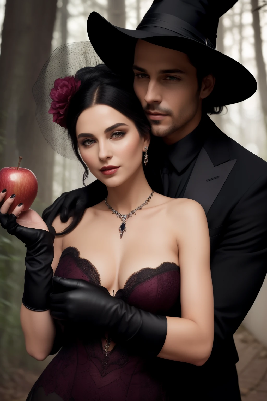 In the enchanting world of dark romance, a seductive man clad in a tailored suit revels in the embrace of a mesmerizing native woman, both adorned with gloves adding a mysterious allure. The woman, captivating and alluring as a witch from the depths of a mythical forest, holds an enticing apple in her hand. Their passionate connection, bursting with sexual tension, unfolds in a captivating pose on the cover of this alluring book.

Ar 1:1 unveils an exquisite masterpiece, as rich in detail as the untold tale within the book's pages. The man, with his striking features, oozes mascul