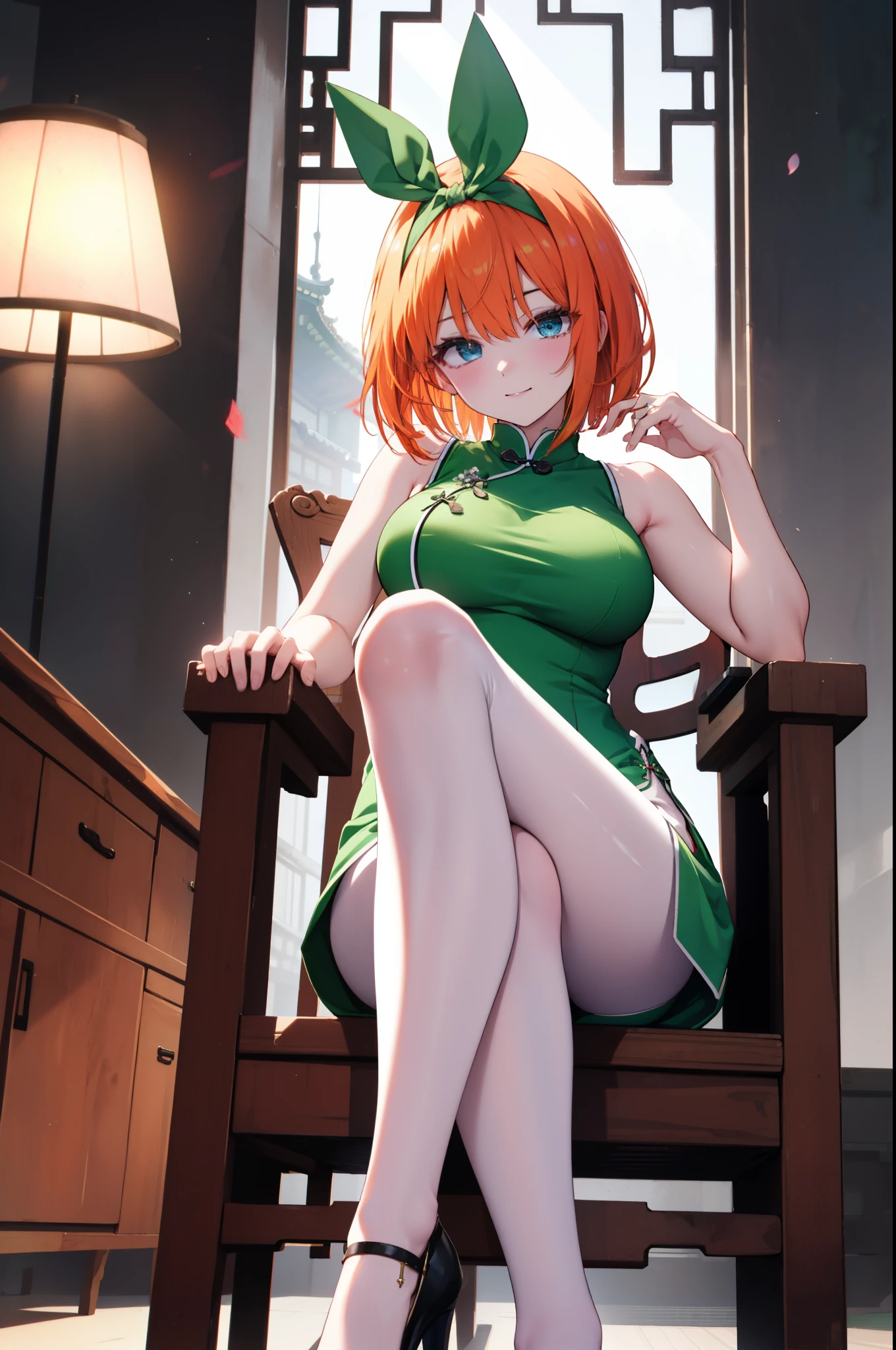 yotsubanakano, yotsuba nakano, bangs, short hair, blue eyes, hair between eyes, hair ribbon, hair band, orange hair,big breasts, green ribbon, bow, ribbon, green ribbon, green sleeveless cheongsam,green slit skirt,black pantyhose,stiletto heels,sitting cross-legged on a chair,sexy pose,happy smile, smile, 口を開ける
break looking at viewer,
break indoors, chinese style indoor,
break (masterpiece:1.2), highest quality, High resolution, unity 8k wallpaper, (figure:0.8), (detailed and beautiful eyes:1.6), highly detailed face, perfect lighting, Very detailed CG, (perfect hands, perfect anatomy),