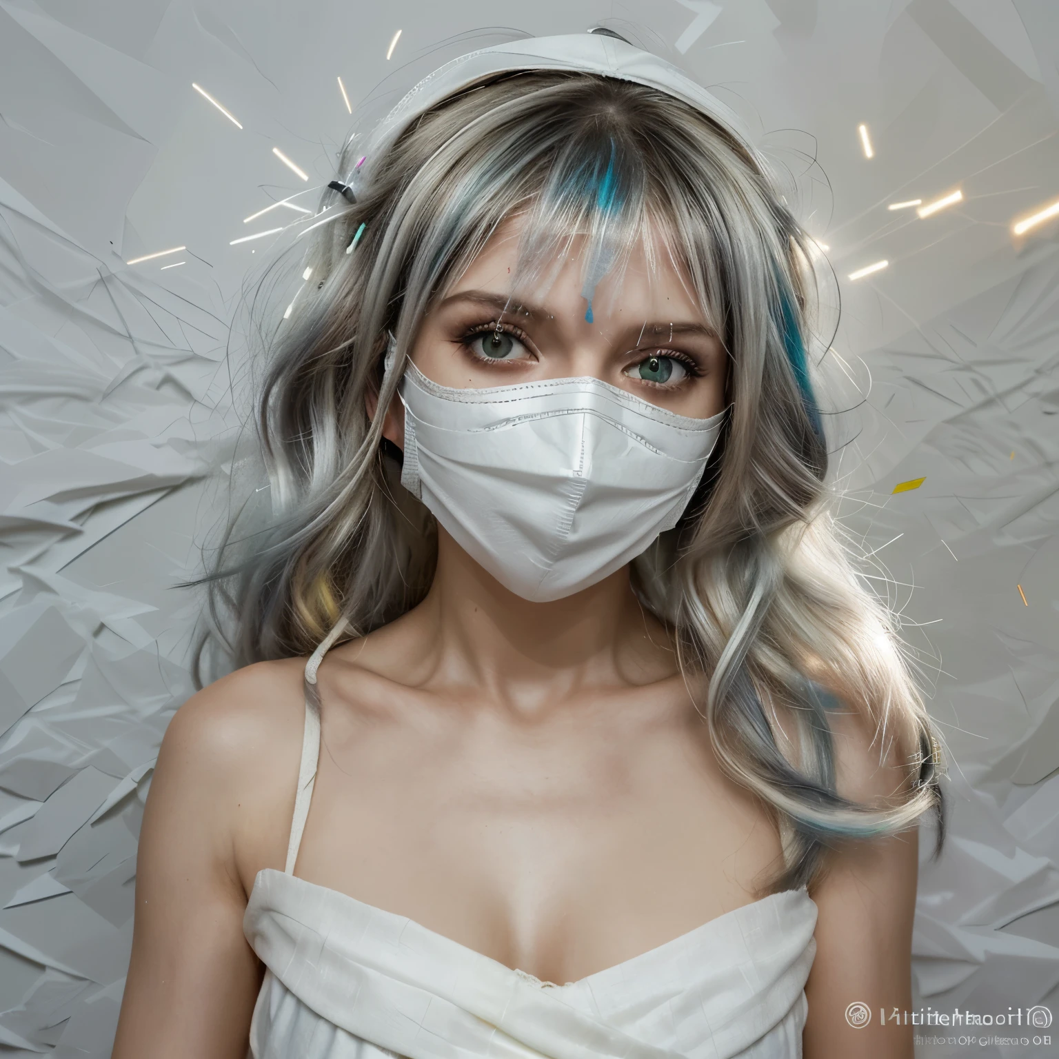 1 garota, cabelo branco, cabelo multicolorido, olhos roxos, mask on head, side lighting, light particles, Papel de parede, armar, suando