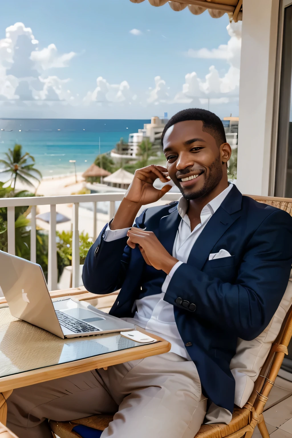 a happy man with his hands behind his head, relaxing, in formal clothes, sitting on a straw chair, with his feet on the table, working with a laptop and a lavalier microphone, in the background a balcony in front of a paradisiacal beach