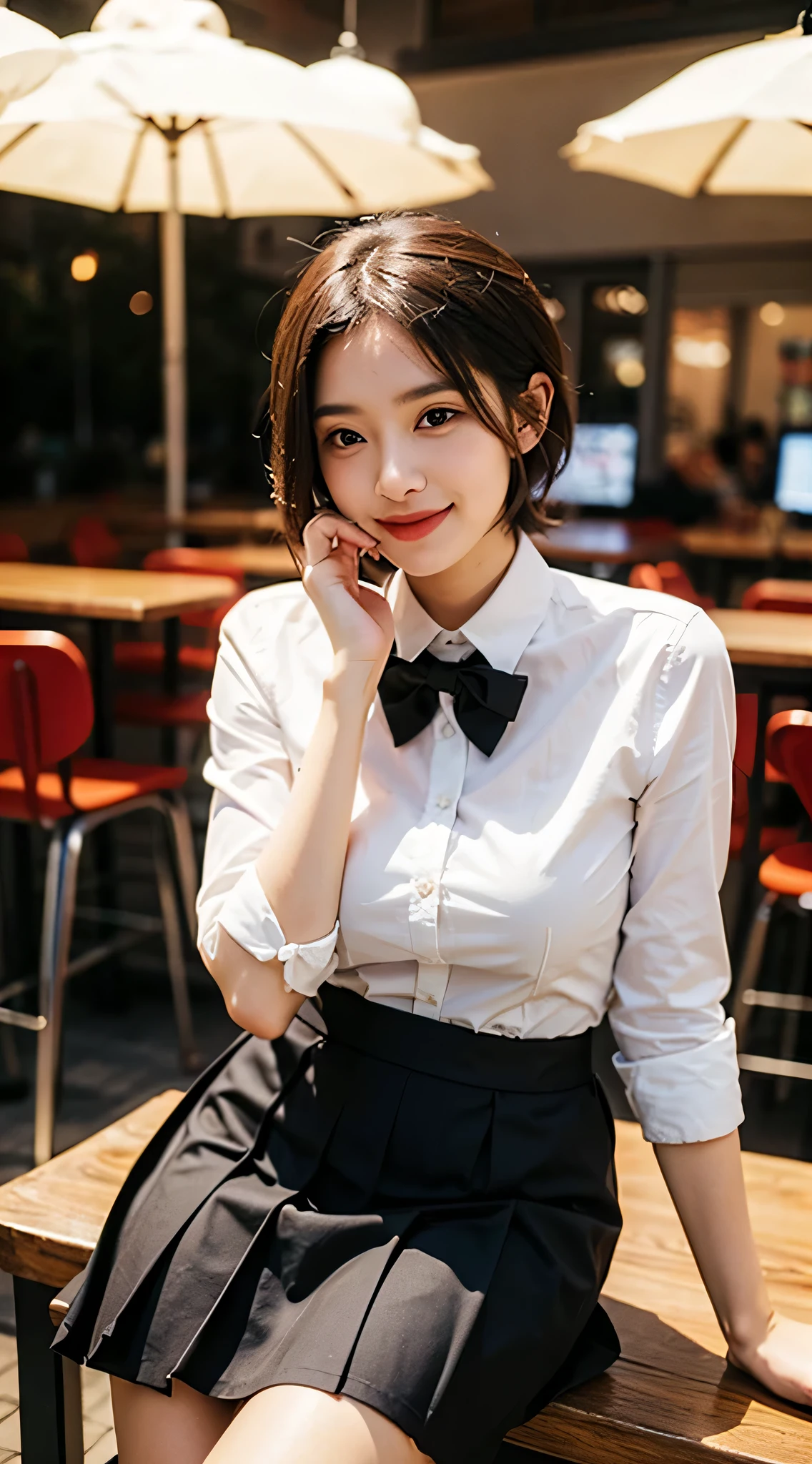 (NSFW:1.2)，Full body photo，（RAW photos，best qualtiy），（realisticlying，photograph realistic：1.2），a close up portrait photo，
1. maturity， Mall rooftop café， exteriors，
ssmile，（highdetailskin：1.4），
puffy eye，ornate hair，Air bangs，Brown-black hair，
White transparent shirt，neck bowtie，Pure red pleated skirt，The wind blows the skirt，Expose the crotch is facing the audience，Raised sexy，Charming，
gentlesoftlighting，high high quality，（（eye glass））