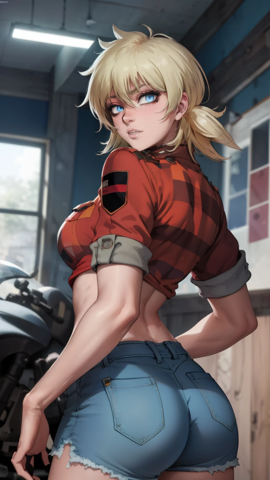 masterpiece, highest quality, best quality, official art, beautiful and aesthetic: 1.2), (1girl), extremely detailed, (fractal art: 1.3), colorful, highest detailed, perfect face, upper body, HDR, (prayer: 1.3), (dynamic stripes, luminous traces: 1.2), bright colors, seras, garage,  mechanic, standing, ass focus, breasts, large ass, bare ass, naked, nude, ass window, sexy, wide hips, thicc figure, Detailed blue eyes, Detailed face, Detailed eyes, perfect face, perfect eyes, wearing denim shorts, exposed back, shirtless, looking back, looking at viewer, nude top, No shirt, red eyeshadow, red eyeliner 