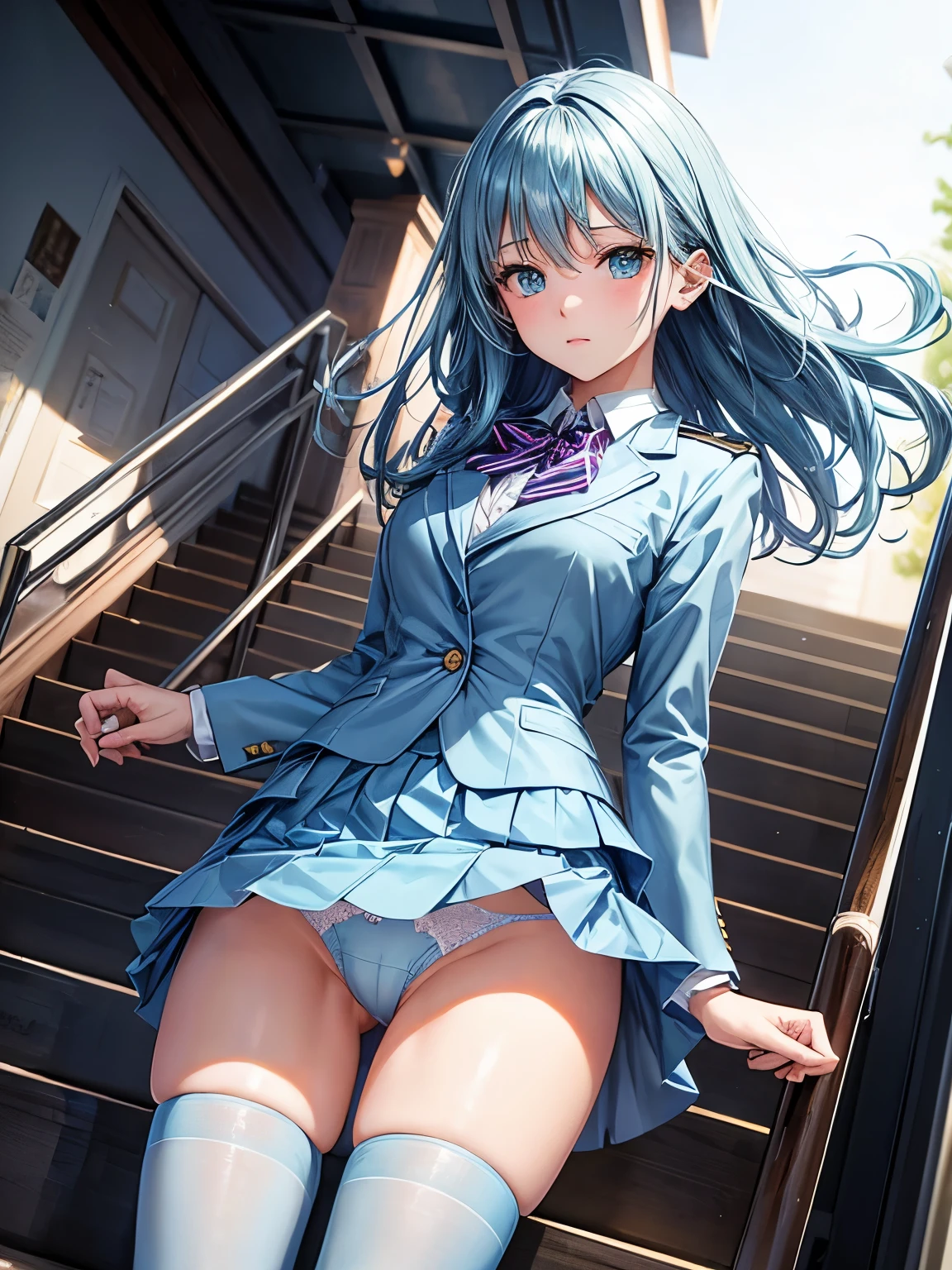 highest quality, High resolution, beautiful girl, nfsw, Women are walking side by side down the stairs of the station wearing school uniforms with navy blue blazers., one person, beautiful very small ass, embarrassed expression, rather large eyes, pleated skirt, The skirt is flipped by the wind, (shiny light blue satin panties:1.3)、Horizontal lace panties that cover the buttocks、(knee socks), turning around, realistic, Angle from the back
