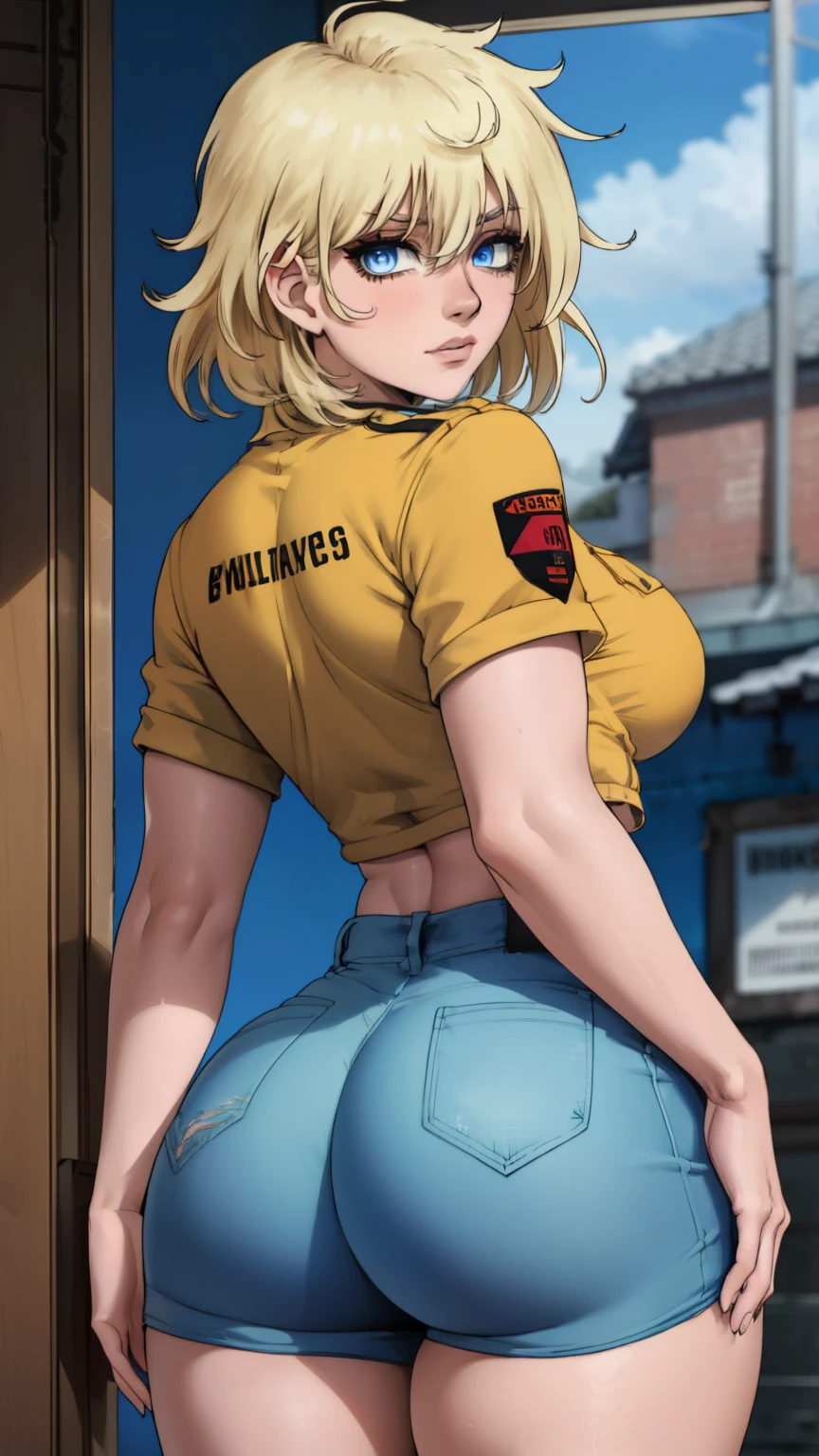 masterpiece, highest quality, best quality, official art, beautiful and aesthetic: 1.2), (1girl), extremely detailed, (fractal art: 1.3), colorful, highest detailed, perfect face, upper body, HDR, (prayer: 1.3), (dynamic stripes, luminous traces: 1.2), bright colors, seras, garage,  mechanic, standing, ass focus, breasts, large ass, bare ass, naked, nude, ass window, sexy, wide hips, thicc figure, Detailed blue eyes, Detailed face, Detailed eyes, perfect face, perfect eyes, wearing denim shorts, exposed back, shirtless, looking back, looking at viewer, nude top, No shirt, red eyeshadow, red eyeliner 