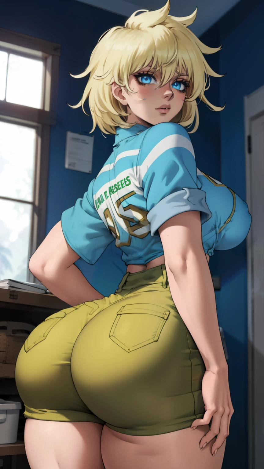 masterpiece, highest quality, best quality, official art, beautiful and aesthetic: 1.2), (1girl), extremely detailed, (fractal art: 1.3), colorful, highest detailed, perfect face, upper body, HDR, (prayer: 1.3), (dynamic stripes, luminous traces: 1.2), bright colors, seras, garage,  mechanic, standing, ass focus, breasts, large ass, bare ass, naked, nude, ass window, sexy, wide hips, thicc figure, Detailed blue eyes, Detailed face, Detailed eyes, perfect face, perfect eyes, wearing denim shorts, exposed back, shirtless, looking back, looking at viewer, nude top, No shirt, red eyeshadow, red eyeliner 