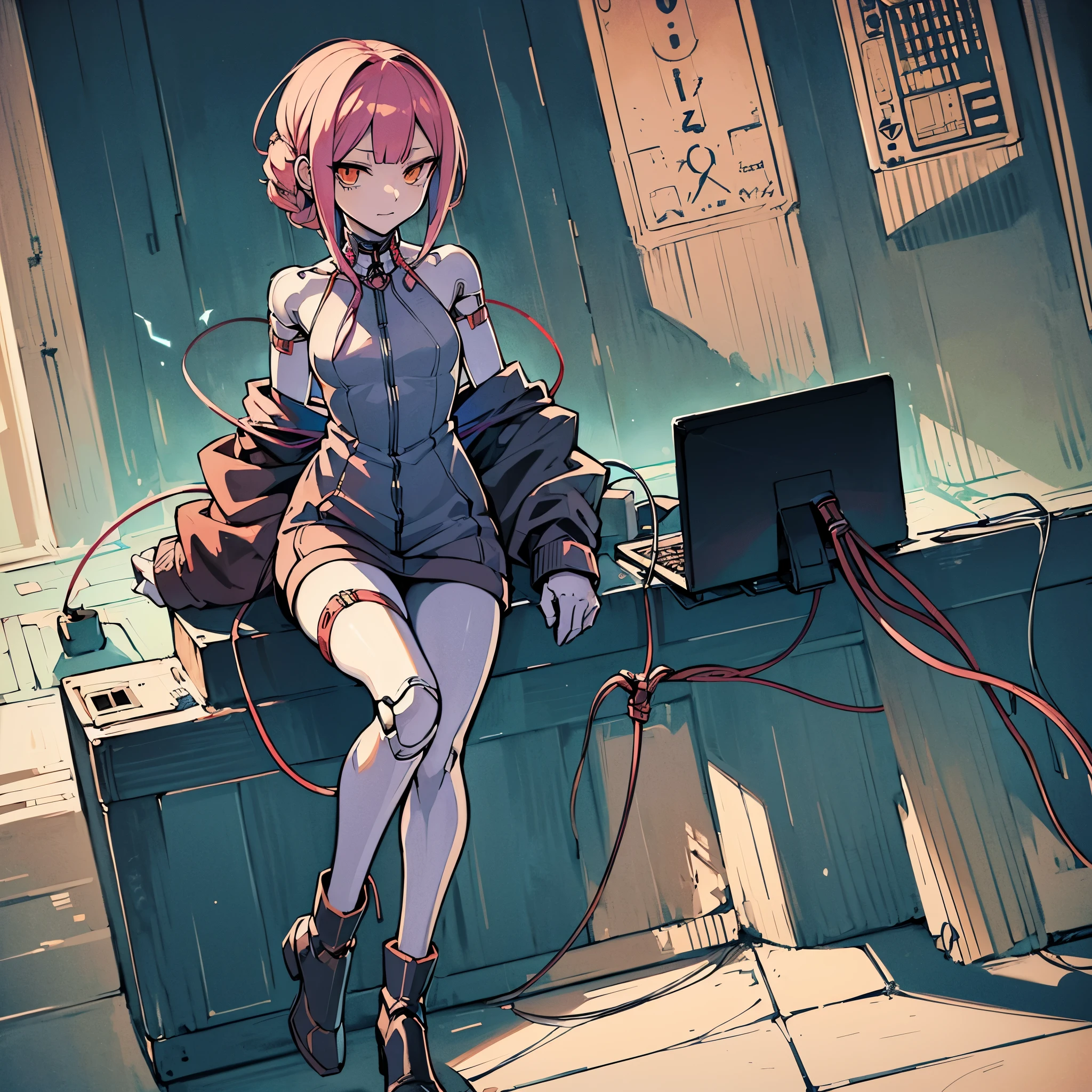 (((masutepiece))), (((Best Quality))), ((Ultra-detailed)), (High Definition CG Illustration), ((extremely delicate and beautiful)),((1mechanical girl)),solo,Full body,Long hair,(Machine-made joints:1.2),((machanical limbs)),(blood vessels connected to tubeechanical vertebra attaching to the back),((mechanical cervial attaching to neck)),A smile,(wires and cables attaching to neck:1.2),(wires and cables on head:1.2)(Character Focus),,ighly detailed,Colorful,highest details, Cyberpunk hacker girl, Dowdy Hoodie, Long sleeves, Costume based on pink, Chestnut twin-tailed hair, high heels boots, Digital Painting, 8K High Resolution, trend artstation,  Whole body, Mechanized limbs、de pele branca,(((white backgrounid)))