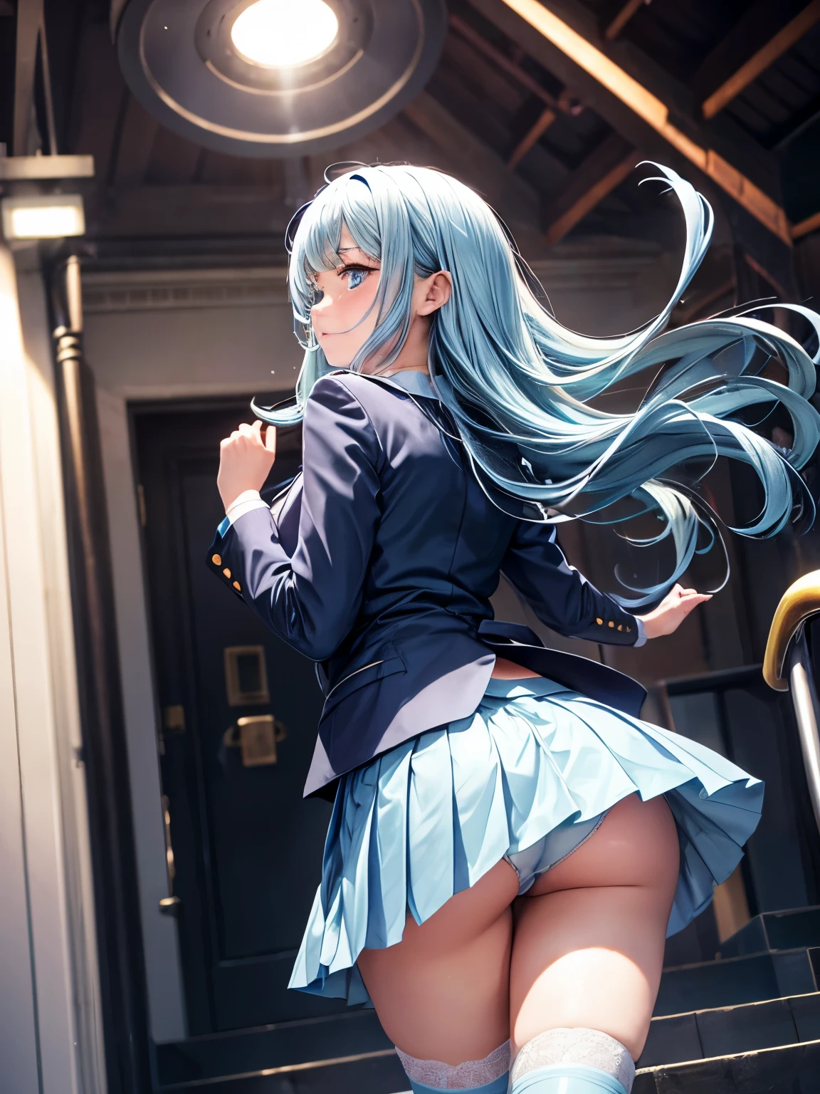 highest quality, High resolution, beautiful girl, nfsw, Women are walking side by side down the stairs of the station wearing school uniforms with navy blue blazers., one person, beautiful very small ass, embarrassed expression, rather large eyes, pleated skirt, The skirt is flipped by the wind, (shiny light blue satin panties:1.1)、Horizontal lace panties that cover the buttocks、(knee socks), turning around, realistic, Angle from the back
