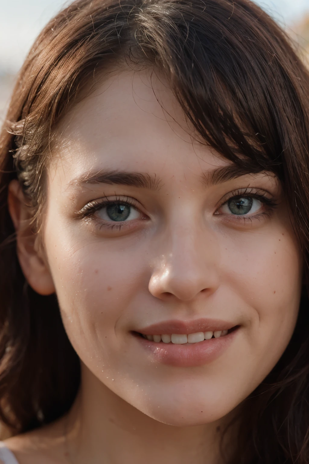  A beautiful smiling red head woman with blue eyes, close up portrait, 20 years old, green park background, shot on Sony Alpha A7 III, natural lighting, sharp focus, high resolution photography, high quality, high details, natural features, natural colors, hyper realistic