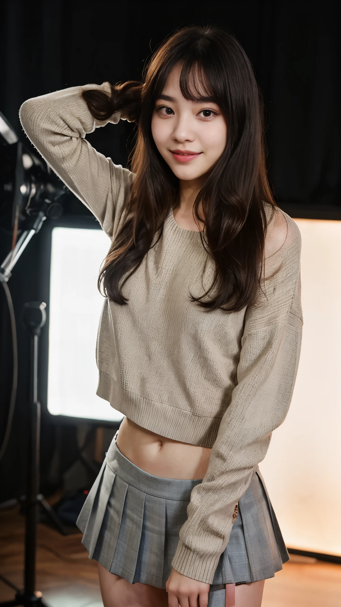 Bang Eun Jung, sweater, small neckline, pleated mini skirt, ultra-detailed, realistic colors, beautiful detailed eyes, beautiful detailed lips, long eyelashes, expressive face, adorable smile, adorable appearance, 4k resolution, studio lighting, man raping girl, rap scene