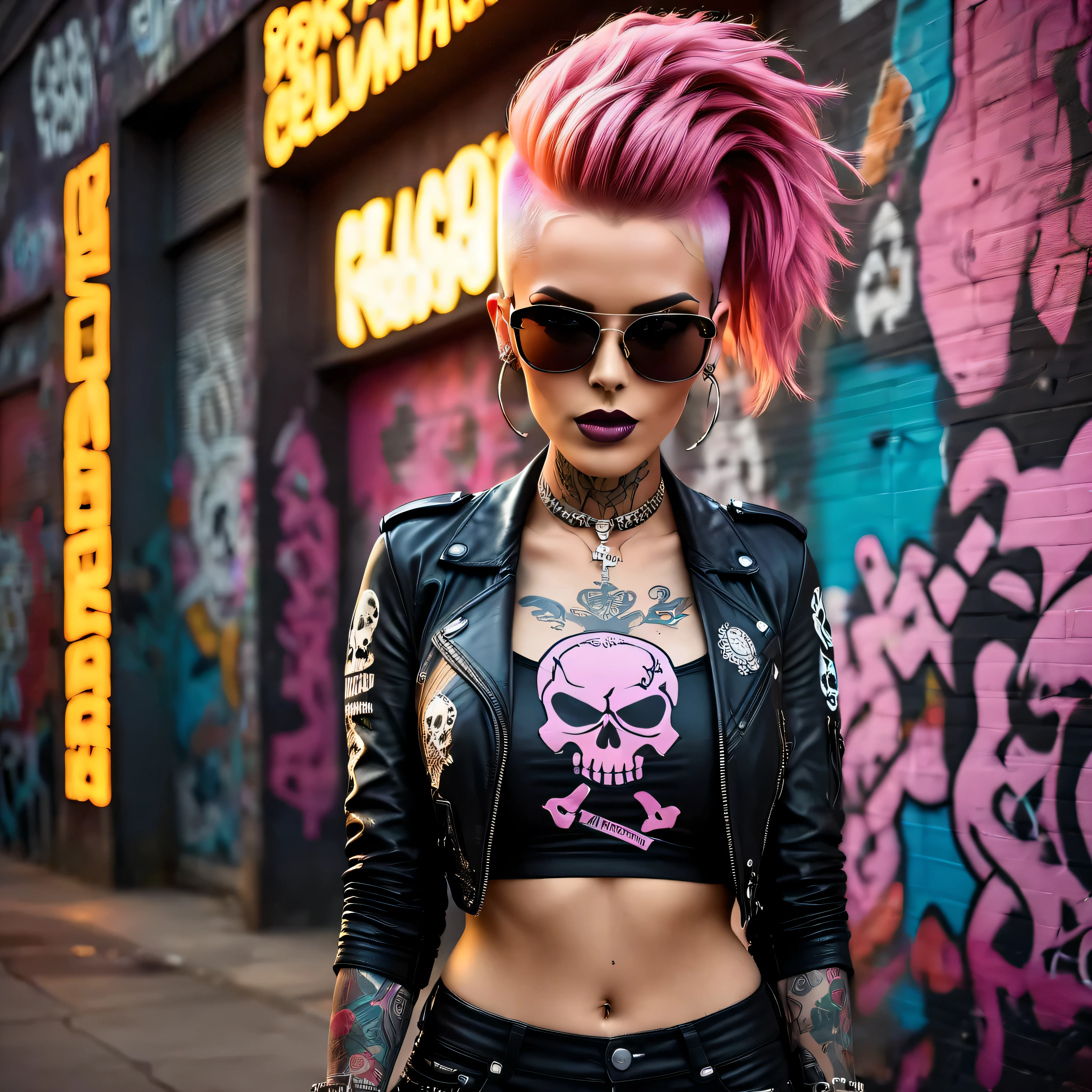 (best quality,highres),1punk woman,pink hair,detailed skull tattoos,nerdy style,"WoW"Braw,edgy makeup,confident expression,standing in an urban setting,graffiti background,street fashion,leather jacket,wearing sunglasses,eye-catching accessories,beaming with attitude,street art vibes,smoke effects,neon lights,dramatic shadows,creative photography,stylish composition,vivid colors.