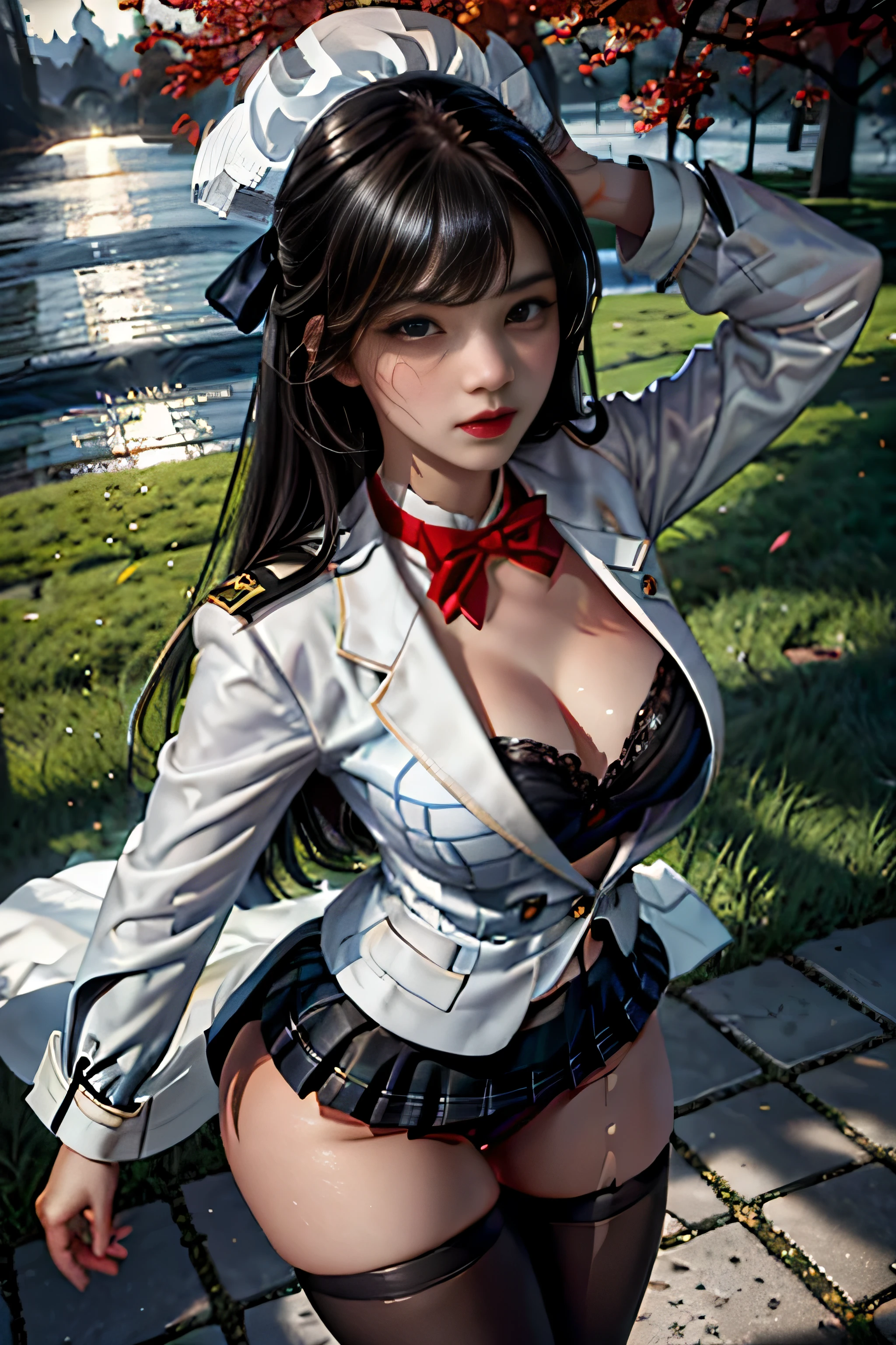 (( A girl walking along a row of ginkgo trees)),charming eyes,heartwarming action,turn away from the camera,bent down,bend over,turn back,raise your head,thick long black hair,highly detailed body,highly detailed face,highest quality、(P iNK underwear),(high school girl),((white blazer、chest emblem))、((translucent blouse)),((red bow tie)),((navy check flare skirt)),(black stocking loafers