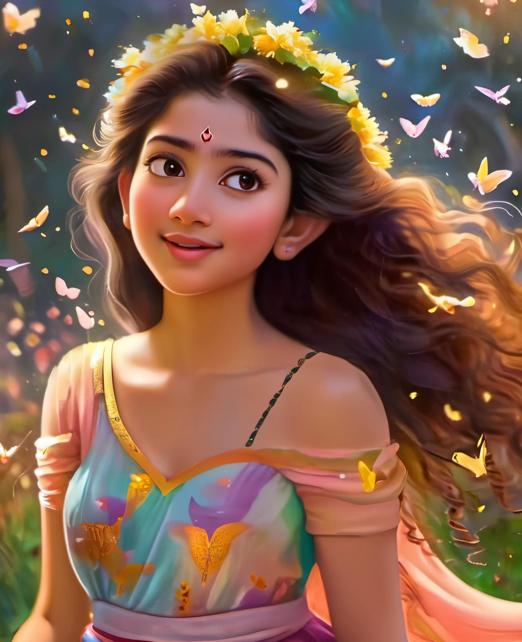 Looks like Sai Pallavi, 1girl, solo, full body, (masterpiece:1.21), (best quality:1.2), colorful, (illustration:1.2), (cinematic lighting:1.1), (bare shoulders:1.21), (collarbone:1.21)
In this whimsical and fantastical garden, the scene is illuminated by a rainbow of (colorful fireflies), dancing and fluttering in the air. The garden is decorated by a gentle (drizzle), creating a misty and ethereal atmosphere. In the center of the scene, there is a single girl, an extremely delicate and beautiful girl, with cute features and an innocent expression. Her long hair is flowing with the wind. She is wearing no shoulder straps dress, which is ultra low cut, highlighting her delicate curves.

The lighting is very delicate and beautiful, creating a soft and warm glow that highlights the water, making it sparkle like diamonds. The finest grass is also illuminated, creating a lush and verdant carpet. The garden is surrounded by colorful flower fields, with blooms of every color and shape. (Colorful butterflies), of every shade and size, can be seen fluttering around the scene, adding to the overall sense of wonder and magic. (look ai viewer),A blush can be seen on her nose, and her mouth is slightly open, adding to the overall sense of innocence and youthfulness. Falling petals can be seen floating around her, adding to the overall sense of romance and beauty. A gentle wind is blowing through the scene, making the leaves rustle and the flowers sway, adding to the overall sense of movement and life. This is a scene of pure wonder and magic, filled with color and beauty, where the viewer can lose themselves in the enchanting and captivating world.