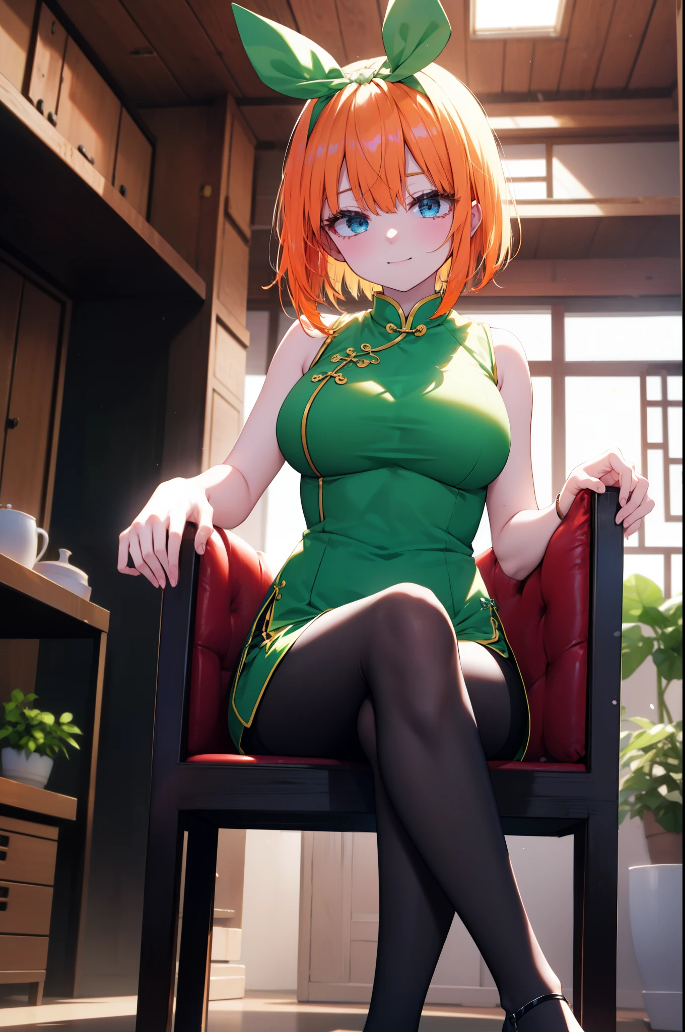 yotsubanakano, yotsuba nakano, bangs, short hair, blue eyes, hair between eyes, hair ribbon, hair band, orange hair,big breasts, green ribbon, bow, ribbon, green ribbon, green sleeveless cheongsam,green slit skirt,black pantyhose,stiletto heels,sitting cross-legged on a chair,sexy pose,happy smile, smile, 口を開ける
break looking at viewer,
break indoors, chinese style indoor,
break (masterpiece:1.2), highest quality, High resolution, unity 8k wallpaper, (figure:0.8), (detailed and beautiful eyes:1.6), highly detailed face, perfect lighting, Very detailed CG, (perfect hands, perfect anatomy),