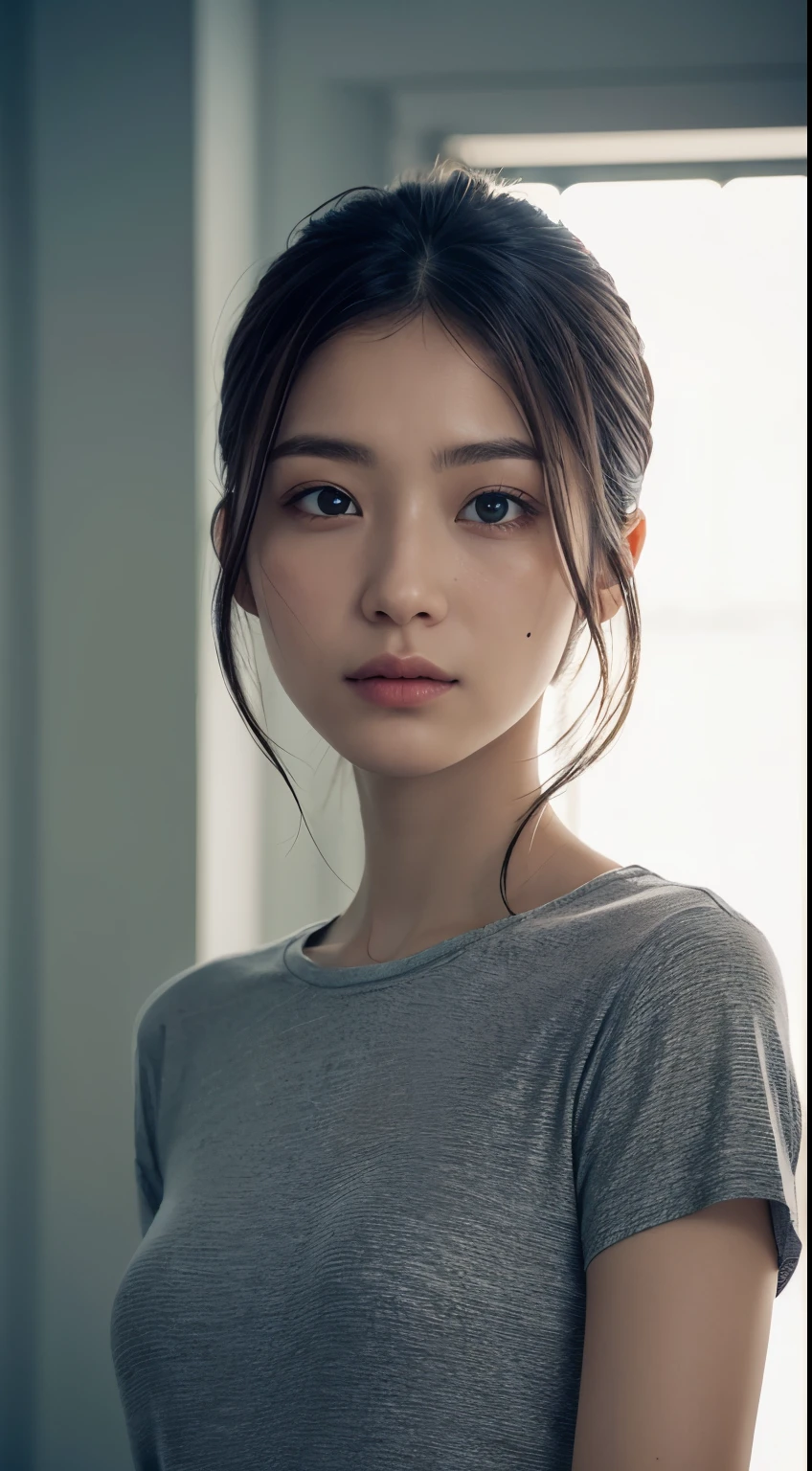 apparel, (photo actual:1.4), (hyper actual:1.4), (actual:1.3), (Smoother lighting:1.05), (Improve film lighting quality:0.9), 32k, 1 girl,20 year old girl, actual lighting, backlight, There is light on the face, Ray tracing, (bright light:1.2), (quality improvement:1.4), (The best quality real textured skin:1.4), delicate eyes, Meticulous face, good quality eyes, (Tired, sleepy and satisfied:0.0), Close-up of face, t-shirt, (Increase body line mood:1.1), (Increase the beauty of skin texture:1.1)