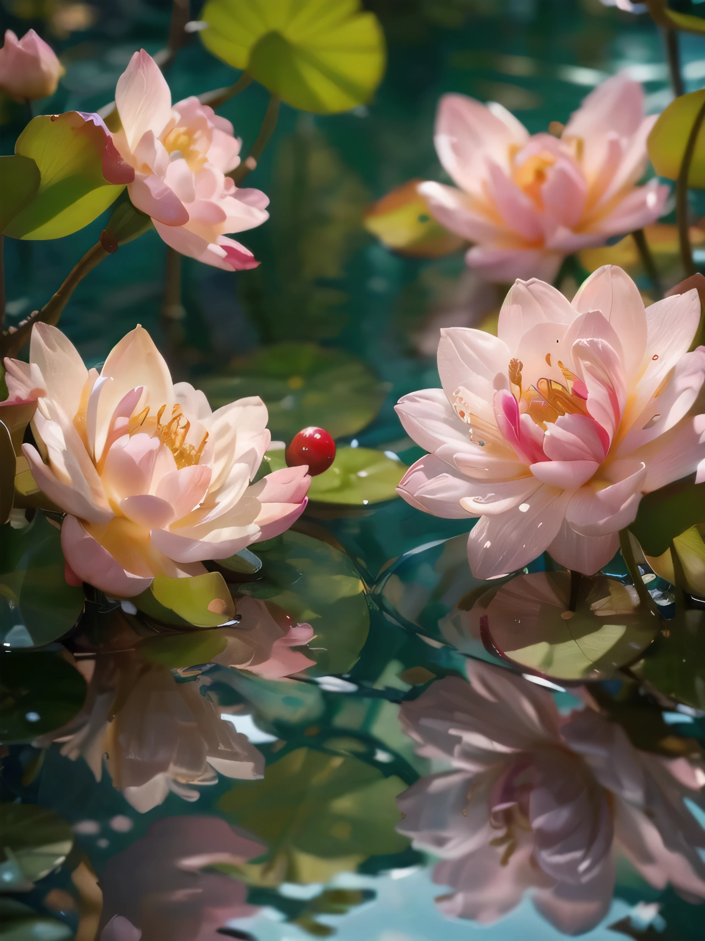 (super realistic scene),Lotus ,cherry blossom background, water, ((taken low perspective angle: 1.5)), product rendering, HD 8K, ultra-detailed, luxury commercial photography, gucci and chanel cosmetic, ((no people, product only: 1.3))