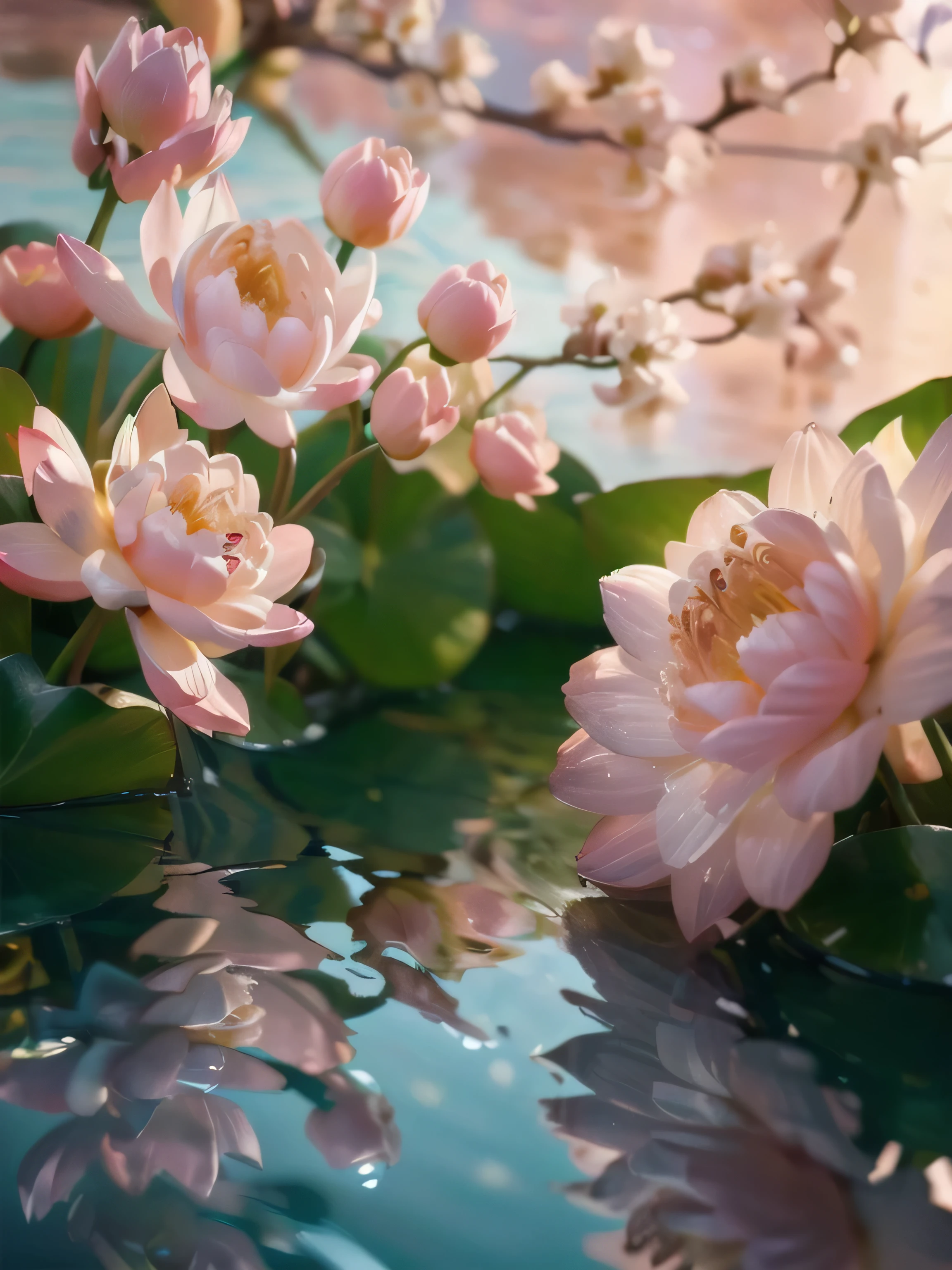 (super realistic scene),Lotus ,cherry blossom background, water, ((taken low perspective angle: 1.5)), product rendering, HD 8K, ultra-detailed, luxury commercial photography, gucci and chanel cosmetic, ((no people, product only: 1.3))