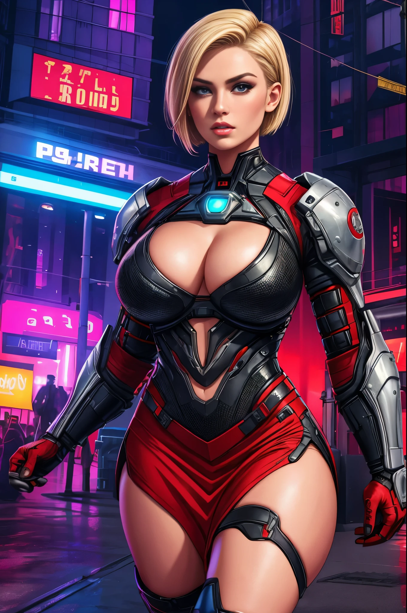 (best quality,4k,8k,highres,masterpiece:1.2),ultra-detailed,(realistic,photorealistic,photo-realistic:1.37), short red dress, undercut platinum bobcut blonde hair, beautiful detailed eyes, beautiful detailed lips, small breasts, fit and muscular physique, short hair, confident expression, strong and capable posture, armed with weapons, futuristic mercenary, cybernetic enhancements, urban backdrop with neon lights, empowering and fierce appearance, vibrant colors, dynamic lighting