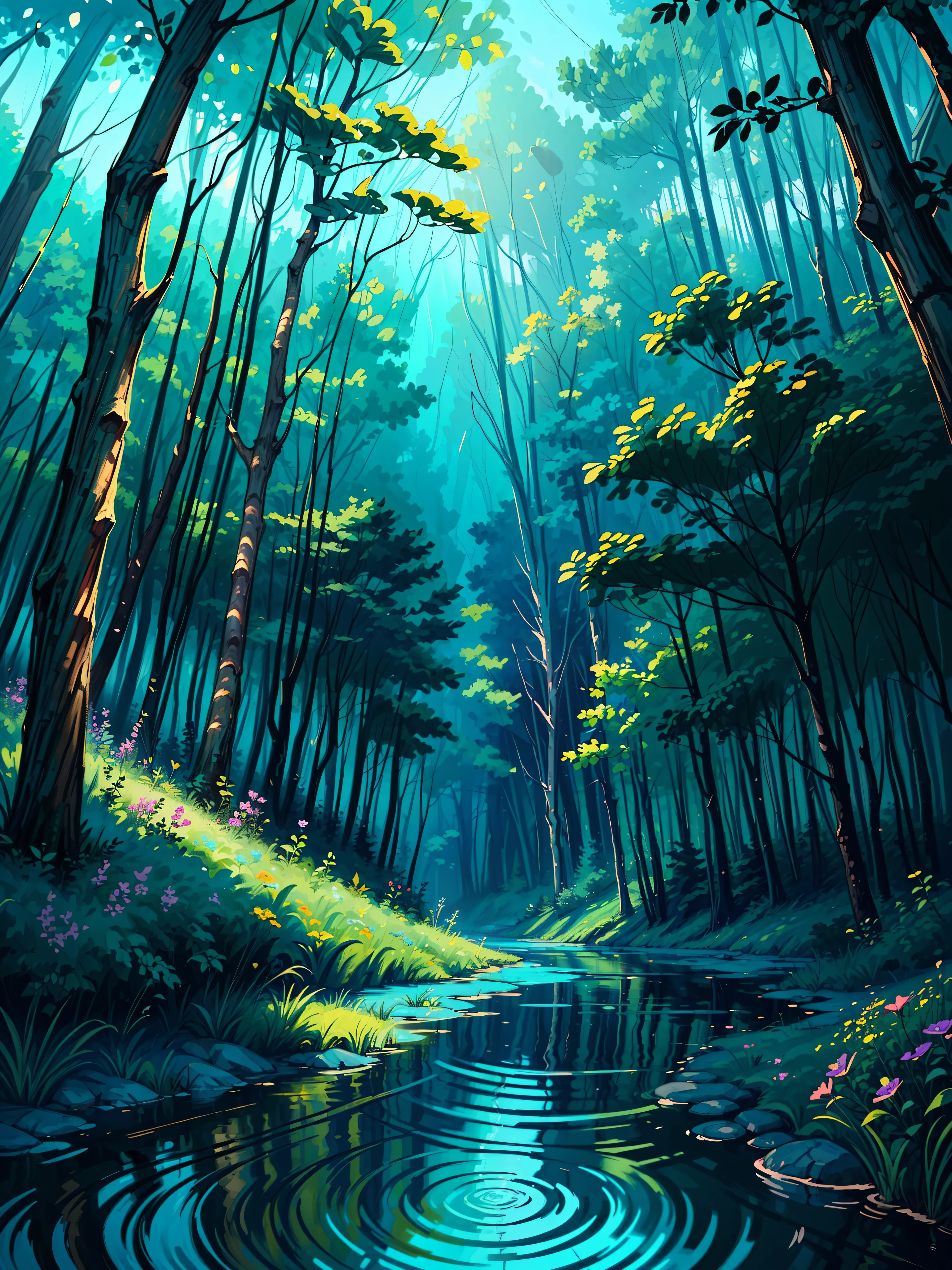 (masterpiece:1), (wide view:1.5), (a blue colored volkswagon van offroading through river in forest:1.6), (lo-fi vibe:1.3), (adventure:1.5), (dense greenery:1.3), silence, (water flowing:1.4), (blue vast wide open sky:1.5), (soft bright glow of vibrant tones:1.4), magnificent sky, (volumetric light:1.2), peaceful, (pine forest:1.5), (nature:1.3), (nature ambience:1.3), (wild flowers:1.5), (different hues of green and blue:1.4), (beautiful aesthetics:1.2), (water ripples:1.4), beautiful tones, subtle colors, peaceful, (illustration: 1.0), epic composition, realistic lighting, (no human:1.6), HD details, masterpiece, best quality, ,