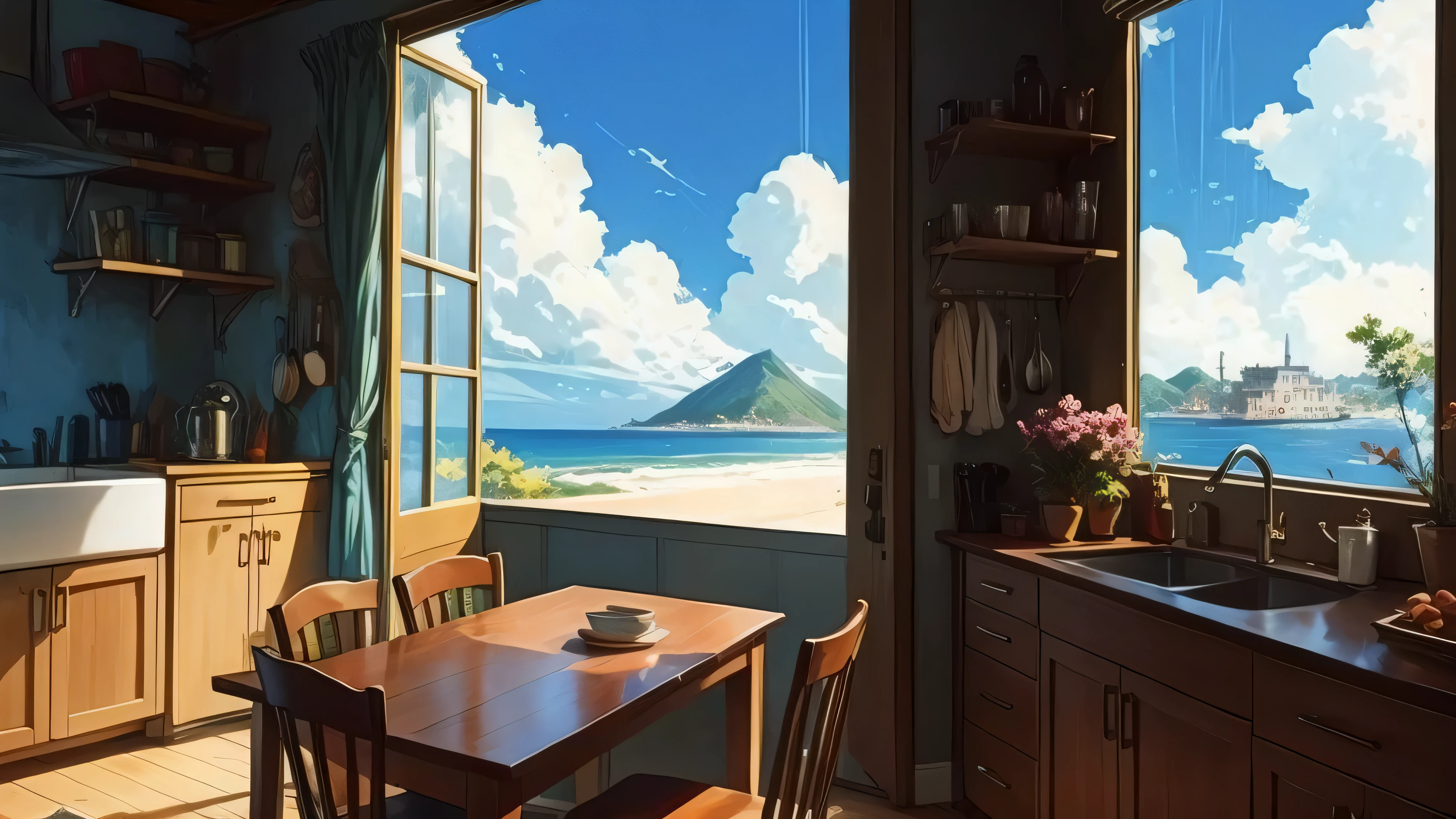 anime scenery of a kitchen with a view of the ocean, anime background art, anime scenery, beautiful anime scenery, house kitchen on a sunny day, anime scenery concept art, open window ib background, detailed scenery —width 672, scenery wallpaper aesthetic, beautiful anime scene, studio glibly makoto shinkai, anime background, anime landscape wallpaper, anime countryside landscape,lo-fi art, beautiful and aesthetic