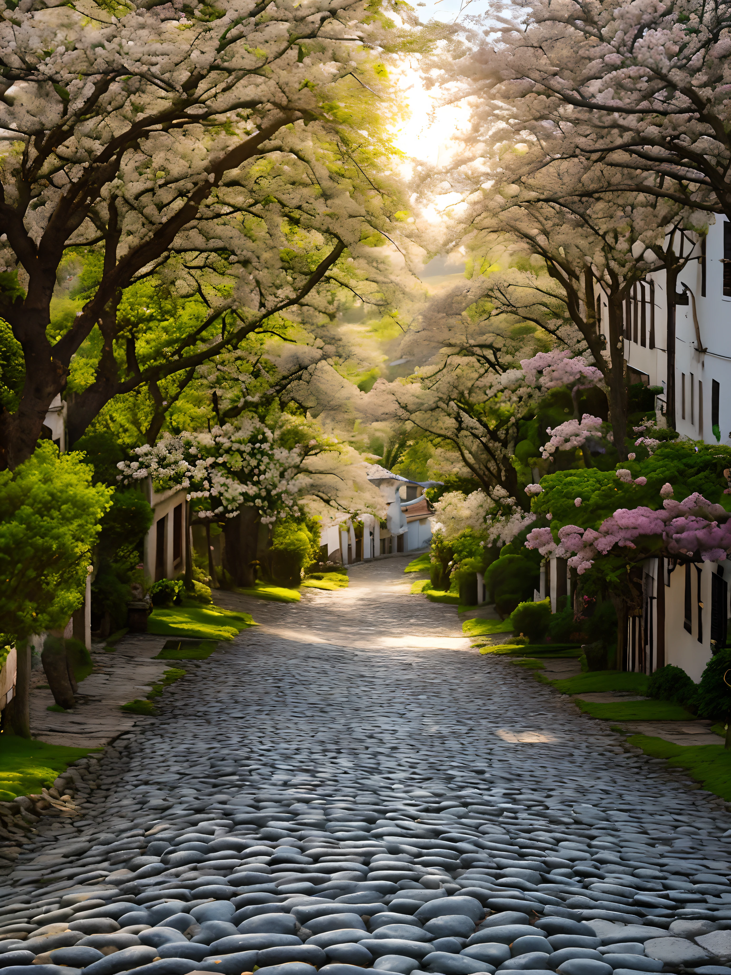 Scenario, cobblestone street, large flowering trees, borboletas voadoras, nascer do sol, rural area, horizonte, cobblestone street.