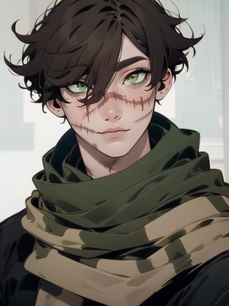 boy with short brown hair, green eyes, scars on nose and around mouth, stripped scarf,face focus
