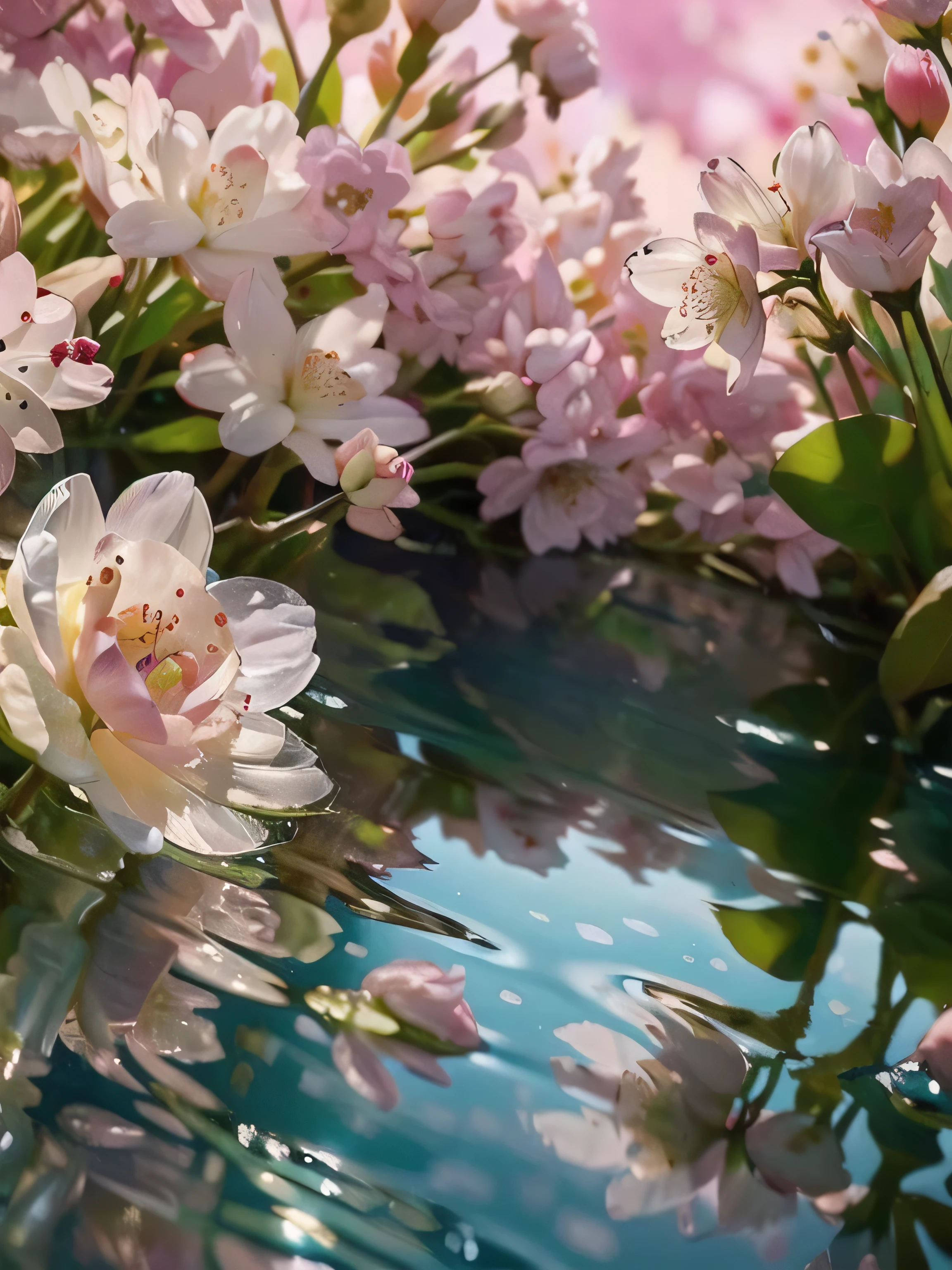 (super realistic scene of Transparent Frog ) ,cherry blossom background, water, ((taken low perspective angle: 1.5)), product rendering, HD 8K, ultra-detailed, luxury commercial photography, gucci and chanel cosmetic, ((no people, product only: 1.3))