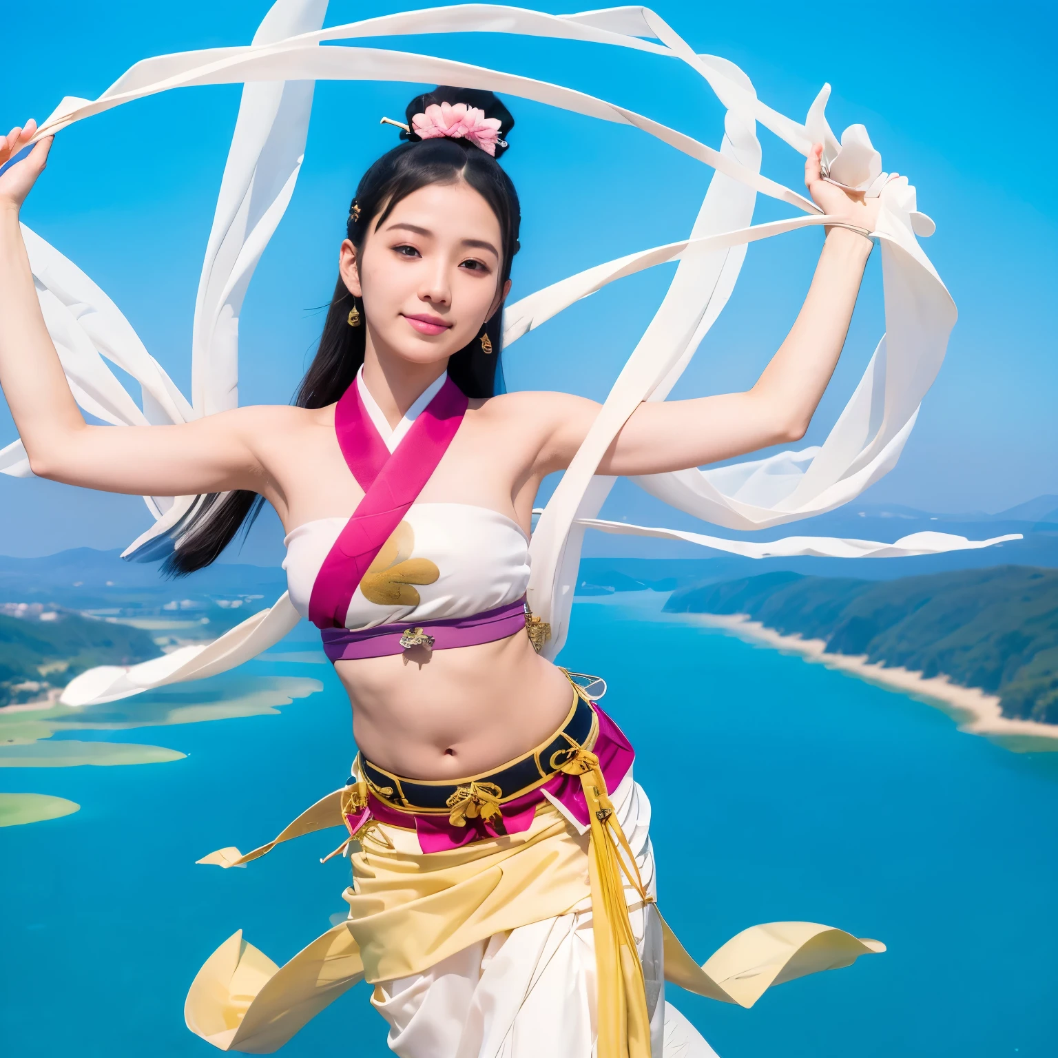 (((tennyo))), masterpiece, High definition, Goddess, wearing hagoromo, (((hagoromo:1.5))), Masterpiece, Best Quality, Ultra-realistic capture, Highly detailed, High resolution 16k, cute girl, natural white skin, perfect anatomy, ((hagoromo is a very thin silk shawl, Wearing hagoromo in layers)), (((fly high in the sky))), (((acrobatic dance in the air, Mr.々pose))), pink haze, prism, convergence and divergence, (Lotus flower), ((Breathtaking beauty))