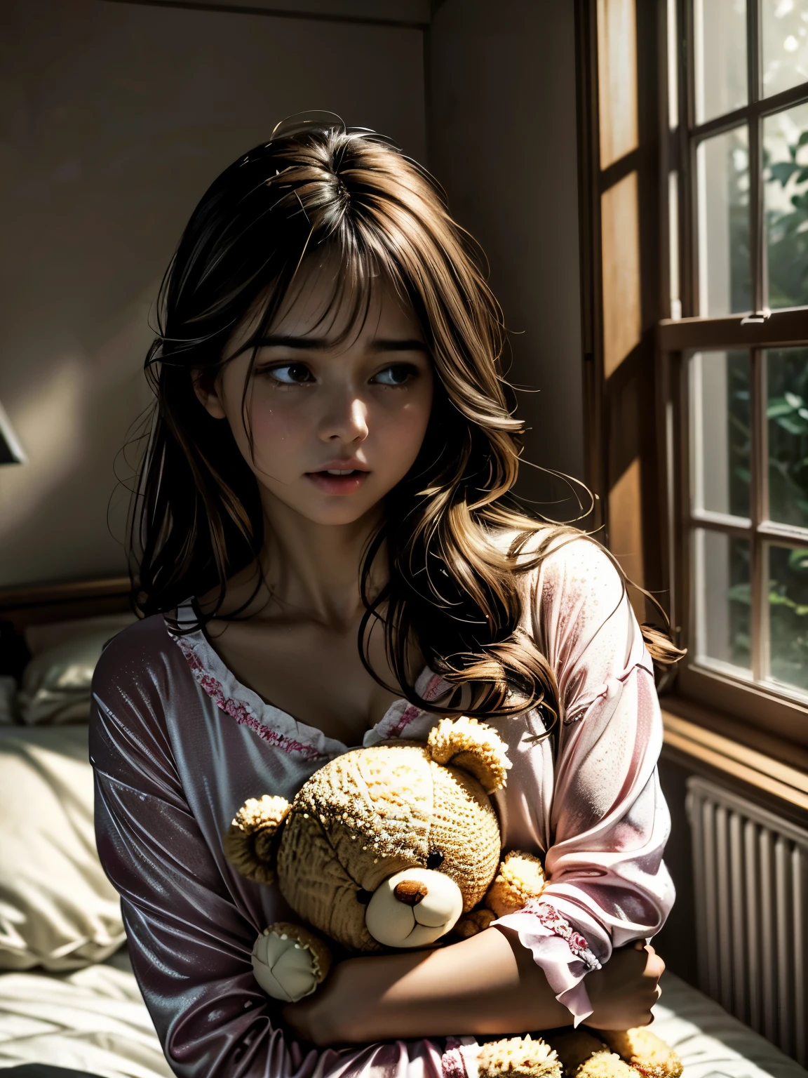 (highres,realistic:1.2),cute woman,mad woman,cartoonishly exaggerated sobbing,puffy cheeks,puffy eyes,tears shooting out like little streams of water,holding teddy bear,emotional meltdown,cute and expressive facial expressions,soft pastel colors,dramatic lighting,vibrant background,realistic tears,delicate textures,satin material for her pajamas,comfortable bedroom setting,soft sunlight filtering through the window,warm and cozy atmosphere,messy hair flying in the air