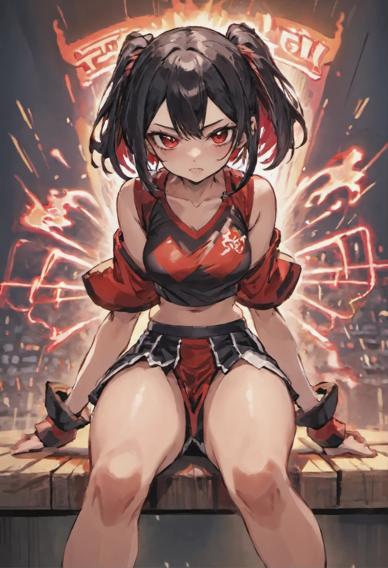 A Japanese girl sits on a bench, she has black hair with red streaks, she has a short skirt and her panties are visible underneath