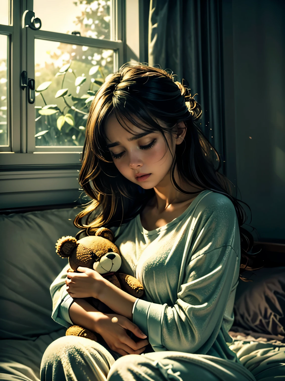 (highres,realistic:1.2),cute woman,mad woman,cartoonishly exaggerated sobbing,puffy cheeks,puffy eyes,tears shooting out like little streams of water,holding teddy bear,emotional meltdown,cute and expressive facial expressions,soft pastel colors,dramatic lighting,vibrant background,realistic tears,delicate textures,satin material for her pajamas,comfortable bedroom setting,soft sunlight filtering through the window,warm and cozy atmosphere,messy hair flying in the air