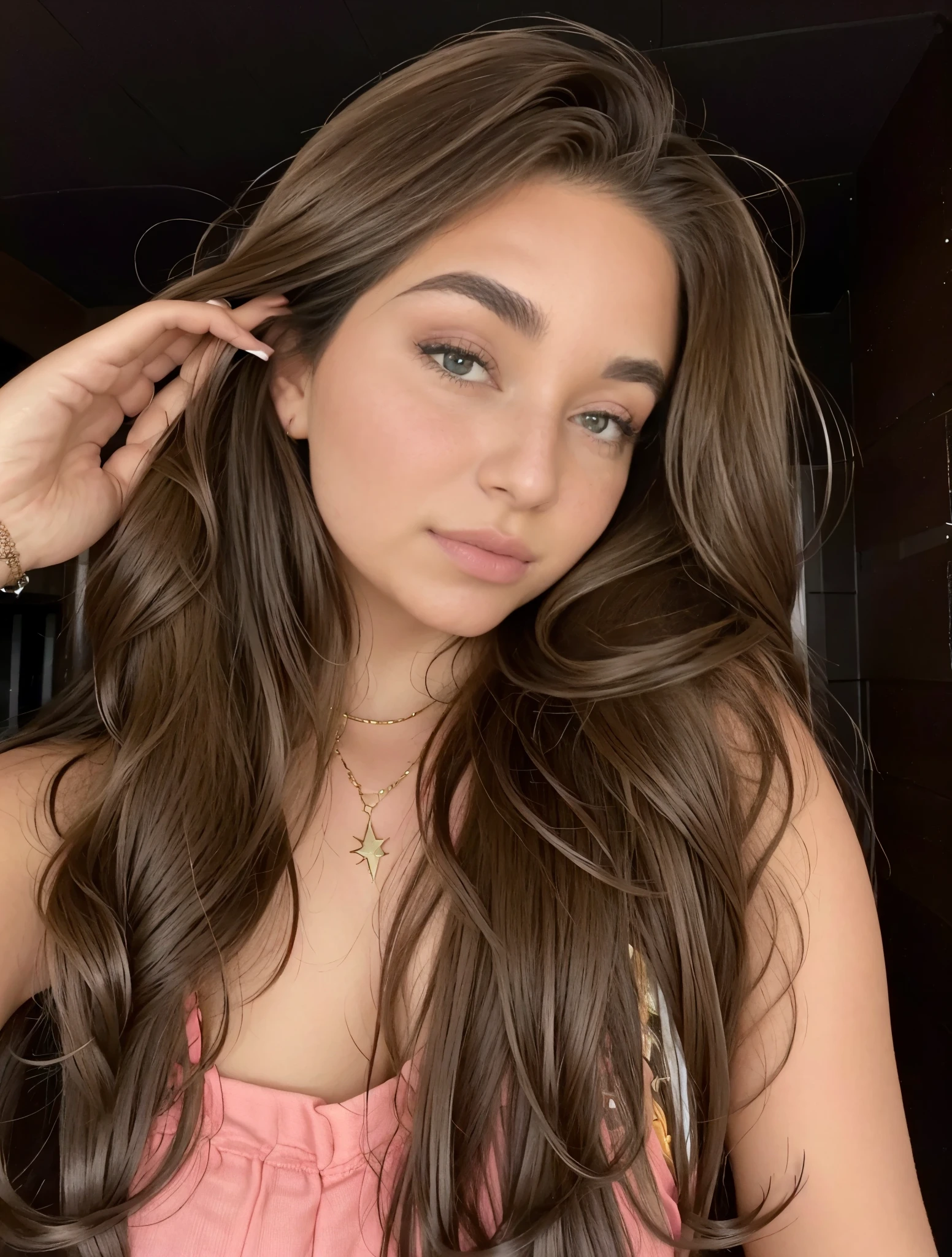 mulher arafed com longos cabelos castanhos usando um vestido rosa, Retrato de Sophie Mudd, cabelos longos de cor castanha, Morena com cabelos tingidos de loiro, Violeta Myers, cabelo castanho coral, cerveja madison, Anna Nikonova aka Newmilky, julia sarda, Kailee Mandel, cerveja madison girl portrait, long flowing brown hair, parece a Laura Barriales