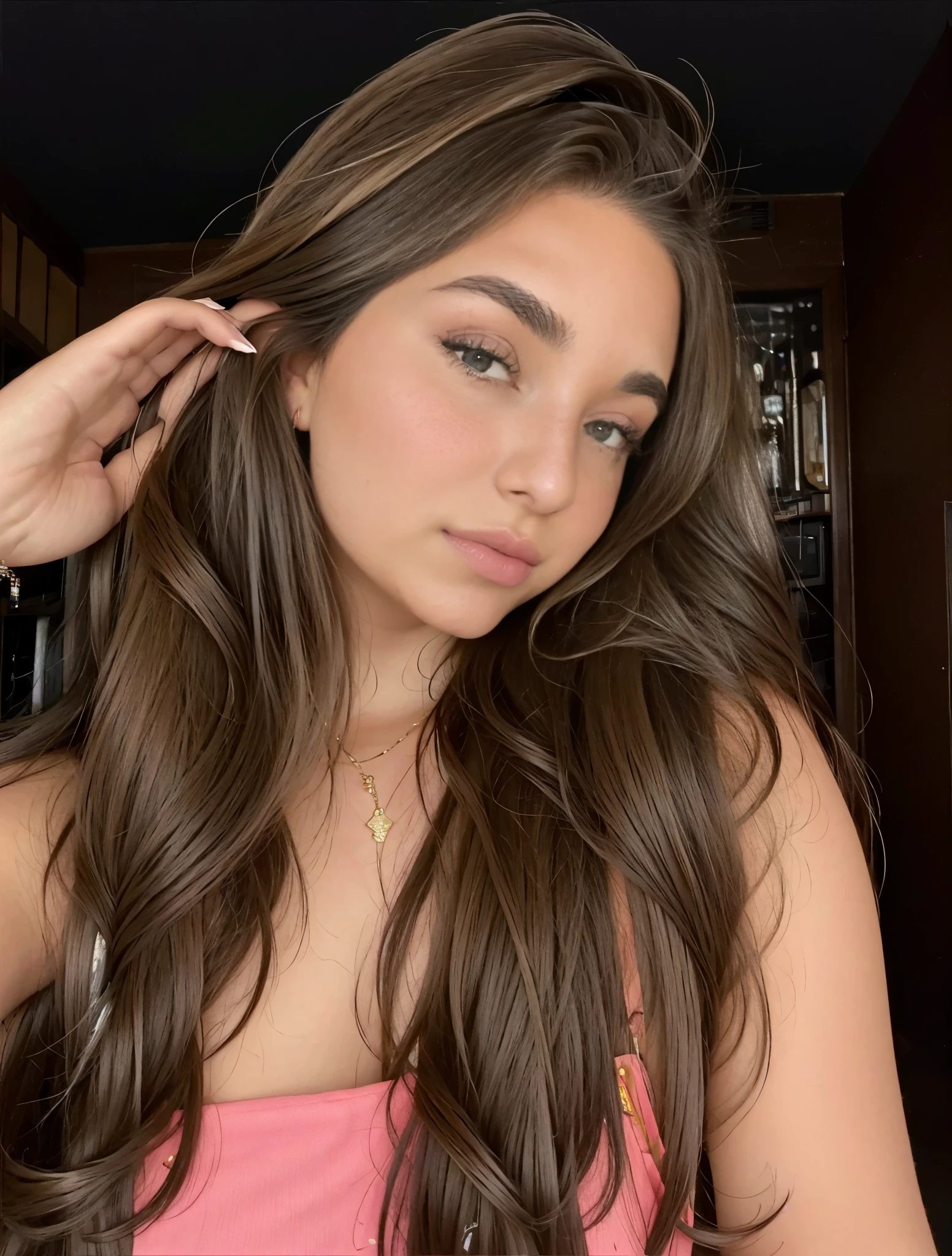 mulher arafed com longos cabelos castanhos usando um vestido rosa, Retrato de Sophie Mudd, cabelos longos de cor castanha, Morena com cabelos tingidos de loiro, Violeta Myers, cabelo castanho coral, cerveja madison, Anna Nikonova aka Newmilky, julia sarda, Kailee Mandel, cerveja madison girl portrait, long flowing brown hair, parece a Laura Barriales