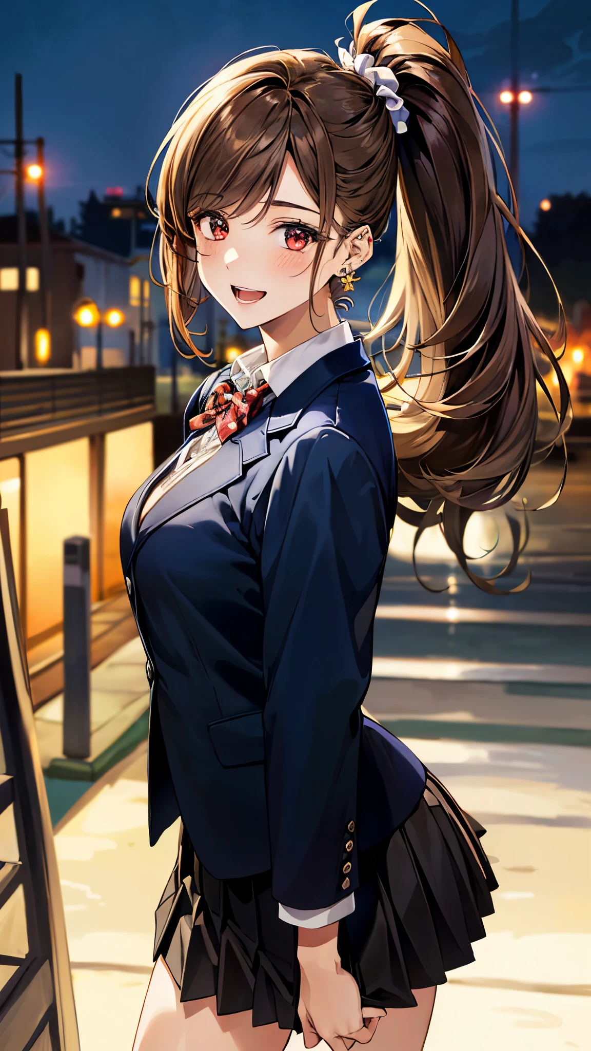 (masterpiece:1.3, top-quality, ultra high res, ultra detailed), (realistic, photorealistic:1.4), beautiful illustration, perfect lighting, colorful, depth of fields,
beautiful detailed hair, beautiful detailed face, beautiful detailed eyes, beautiful clavicle, beautiful body, beautiful chest, beautiful thigh, beautiful legs, beautiful fingers,
looking at viewer, 1 girl, japanese, high school girl, perfect face, (perfect anatomy, anatomically correct), cute and symmetrical face, face, , shiny skin,
(long hair:1.7, side ponytail:1.6, light brown hair), asymmetrical bangs, dark red eyes, long eye lasher, (medium breasts), slender,
((navy blazer, collared white shirt, navt pleated skirt)), dark red bow tie, piercing, polka dot hair scrunchie,
(beautiful scenery), evening, (park, cityscape in the distance), (walking, sexy pose),, (lovely smile, upper eyes, open mouth),