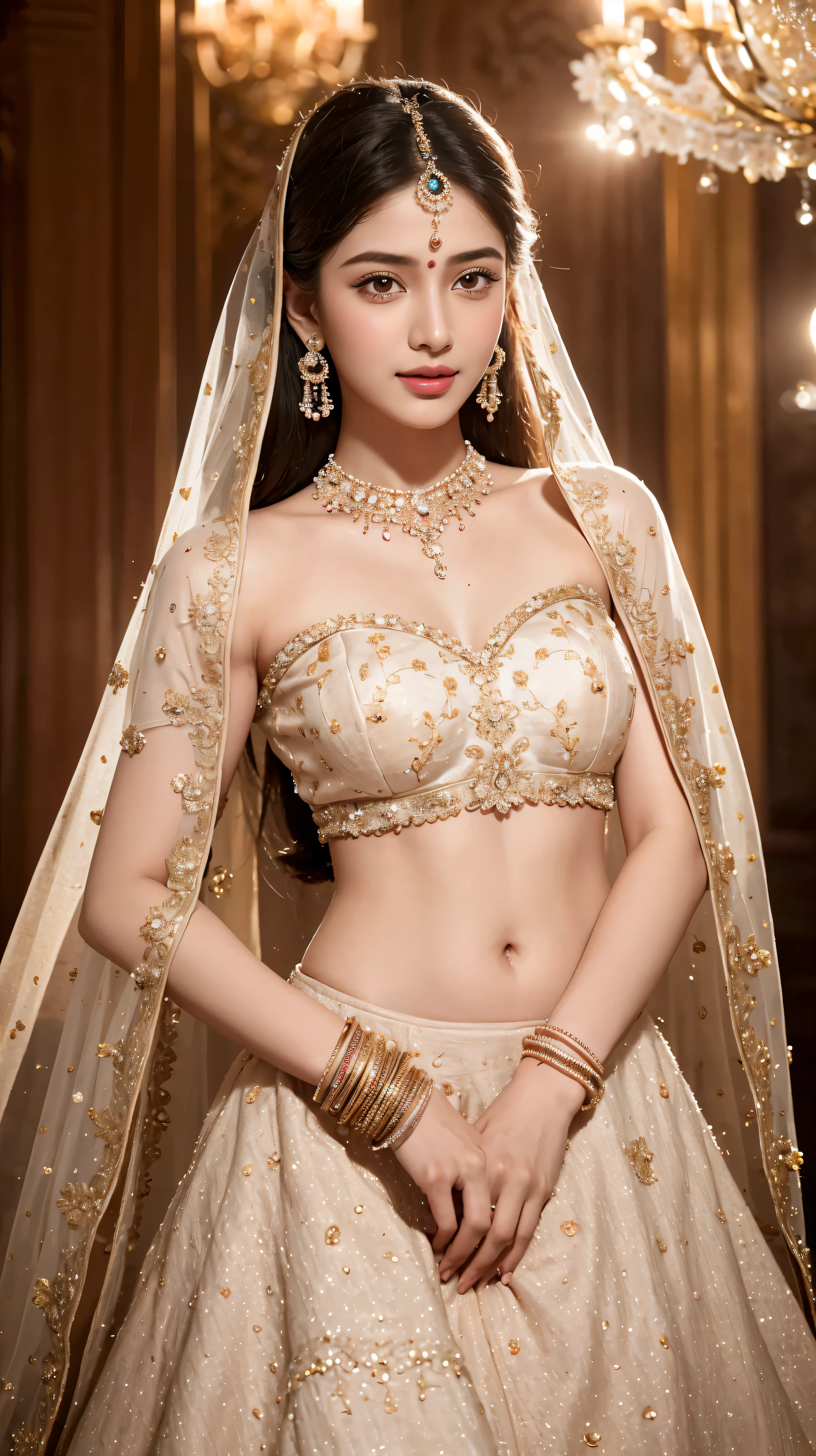 (best quality, very detailed, realistic:1.37), professional, beautiful and delicate eyes, beautiful and delicate lips, detailed facial features, natural skin tone, perfect skin texture, delicate expression, High-resolution images, realistic face, realistic skin, an ordinary face, natural smile, detailed hairstyle, 18 years old, (Full, beautiful indian young woman), Exude bridal glamor in this exquisite Lehenga Choli adorned with intricate embroidery and gorgeous jewellery..... The high-resolution image captures very detailed realism, highlighting Full's captivating eyes, expressive lips, and elegant facial features, It will enhance the beauty of the bride even more.. Soft lighting and floral decorations create a stunning visual representation of a traditional Indian wedding and joyful celebration of love.....