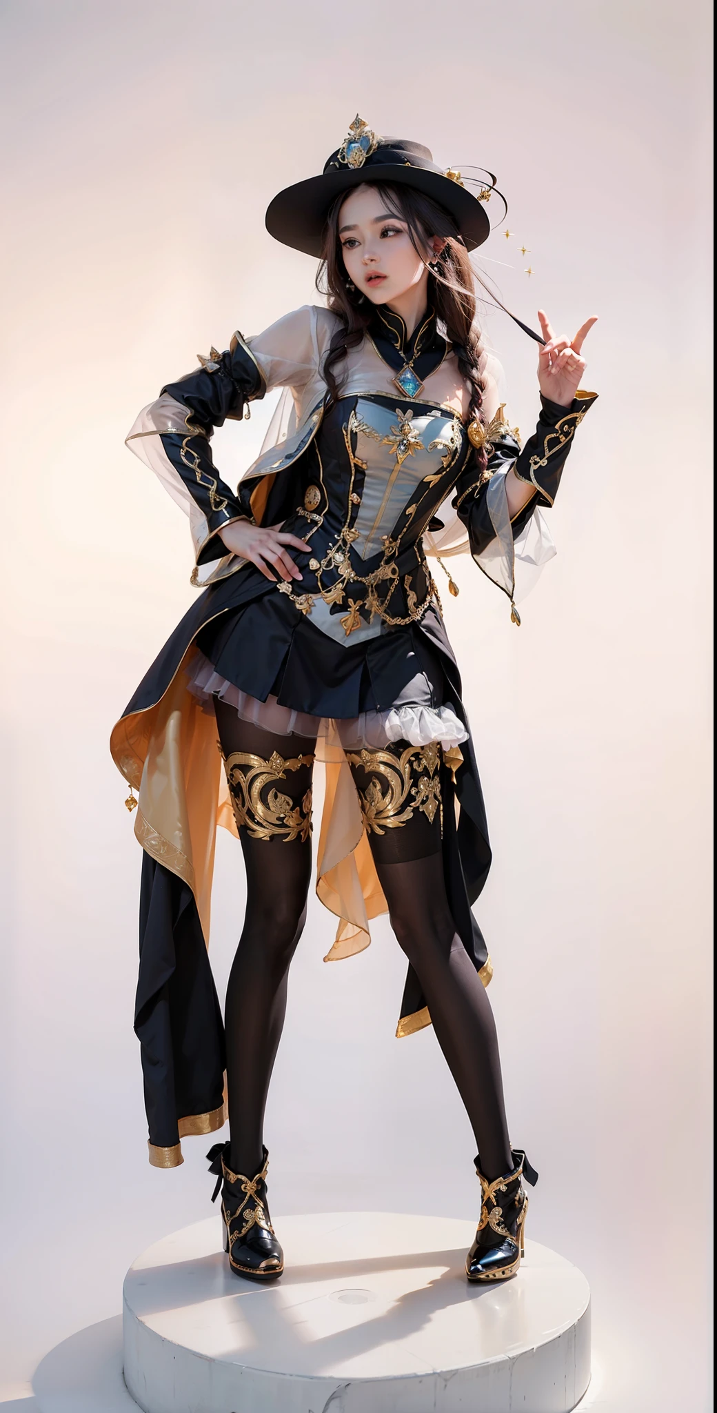 Breastplate with coat of arms,miniskirt,black gloves,gauntlets,garter bel,acrobatic pose,(french twist hair,light brown hair, hair ribbon,bright,flower hair ornament),(((masterpiece))), (8K, expensive_solve), (clear_image), Highly detailed CG, ((Highest quality), Beautiful eyes and fine face