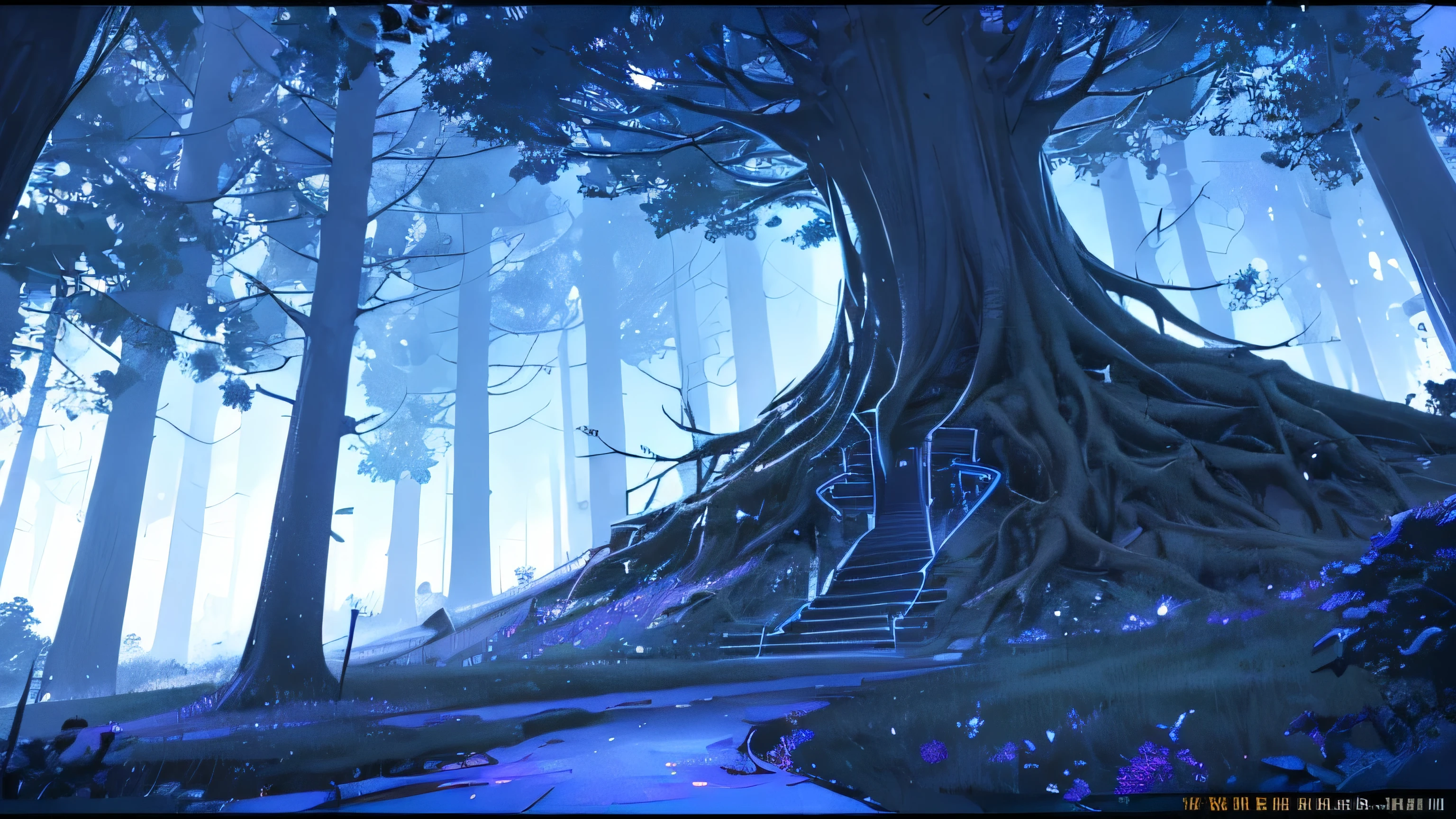 Side Scrolling Game Backgrounds, (((In the dark of the night with a hint of blue))), Flat feeling without vanishing point perspective, photorealistic lighting, (((At night when the moonlight is faint))), high-definition details, masterpiece, Best quality at best, (Highly detailed CG integrated 8k wallpaper), (Top Quality), Forest scenery, The bottom half of the screen is flat ground, Land with a moderate mix of soil and grass, The direction of the road is from the left side of the screen to the right side of the screen., (((At the top half of the screen are small densely packed trees and rocks.))), Small rocks, Distant view behind the trees, mountains, The dark hour after sunset, At night when the bluish light is flowing, The size of the tree is small and it has a lot of curves, View from a height of about 3 meters,