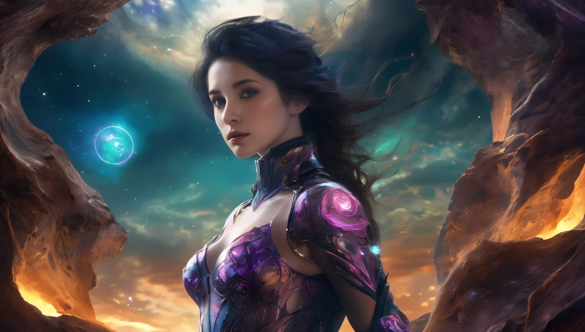 (1 beautiful teenage Italian girl),(wears iridescent bodysuit with beautiful fractal or marble design:1.5),(She wears gauntlets with a detailed and very beautiful design decorated with jewels:1.6), ((She is showing her armpits:1.6)), (erotic pose:1.6), (model pose:1.6), incredibly spectacular scene, ((high quality)), ((fantasy)), blue plasma brain, green plasma body, obscene, average, (despicable:1.2), (immoral:1.2), (Small breasts with beautifully raised pink areolas:1.5), (expression of ecstasy:1.2), hyper realistic photo, official art, Unity 8K Wallpaper, 8K portrait, high quality, very high resolution, (incredibly beautiful nature background:1.6), (18-year-old:1.5), (sexy and glamorous:1.1), (coquettish expression:1.6), (smile seductively:1.6), beautiful seductive face, portrait, (thick eyebrows:1.4), Beautiful eyes with high bilateral symmetry, (highly detailed eyes:1.4),(highly detailed face and eyes:1.7), (High resolution Amethyst eyes:1.6),  (Super detailed skin texture:1.4), super detailed pale skin, perfect anatomy, thin, (Beautiful muscular toned body:1.6), highly detailed jet black hair,  (moist skin:1.2), no makeup, (Bear:1.1), excellent anatomy, Focus plane, good looking, (Emilia clarke:0.1) (Emma watson:0.3),(Jennifer connelly:0.24),  (A delicately crafted necklace is wrapped around her neck), (Bioluminescence with a brilliant glow:1.4), (Shining magic circle:1.5), ruins of an ancient castle, Shining majestic clouds and sky, lightning, spectacular realistic, (Greg latkowski:0.8), (teal and orange:0.4), (art station:1.5), cinematic, (NSFW:1.6), dramatic light, (intricate details:1.1),Milky Way, (nebula:1.6), dark Knight, Focus on fully armored body
