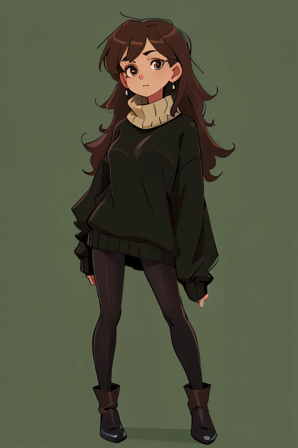 a drawing of a pretty mature woman with black and brown eyes, wearing an oversized green sweater with black tights, regular neutral pose